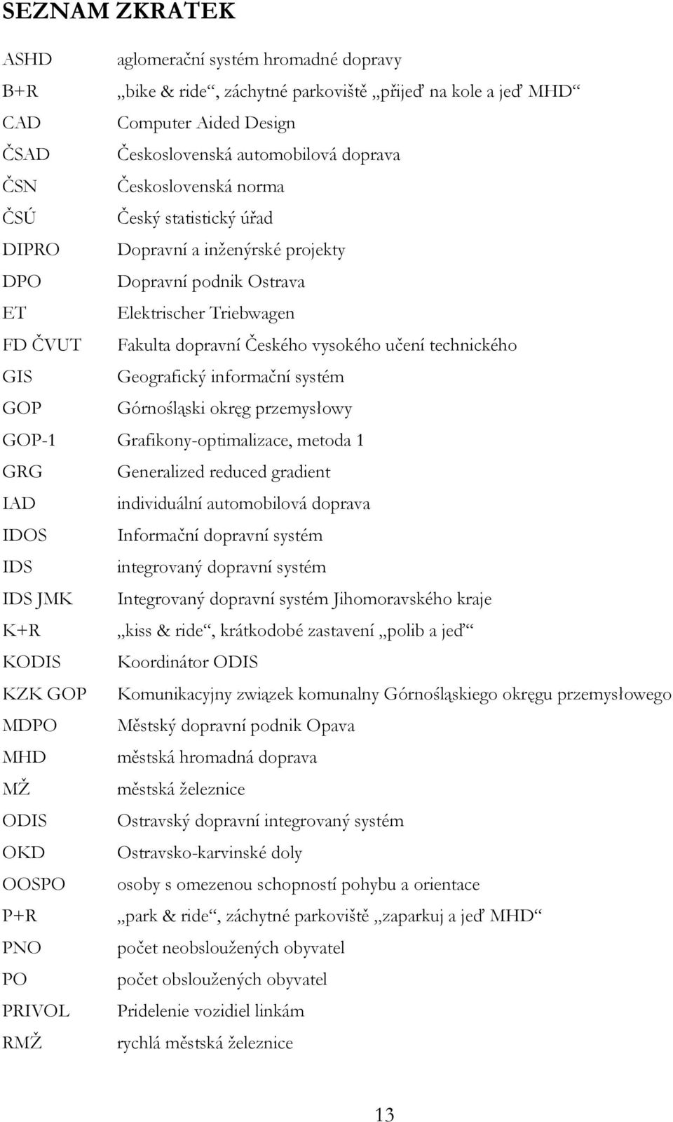GIS Geografický informační systém GOP Górnośląski okręg przemysłowy GOP-1 Grafikony-optimalizace, metoda 1 GRG Generalized reduced gradient IAD individuální automobilová doprava IDOS Informační