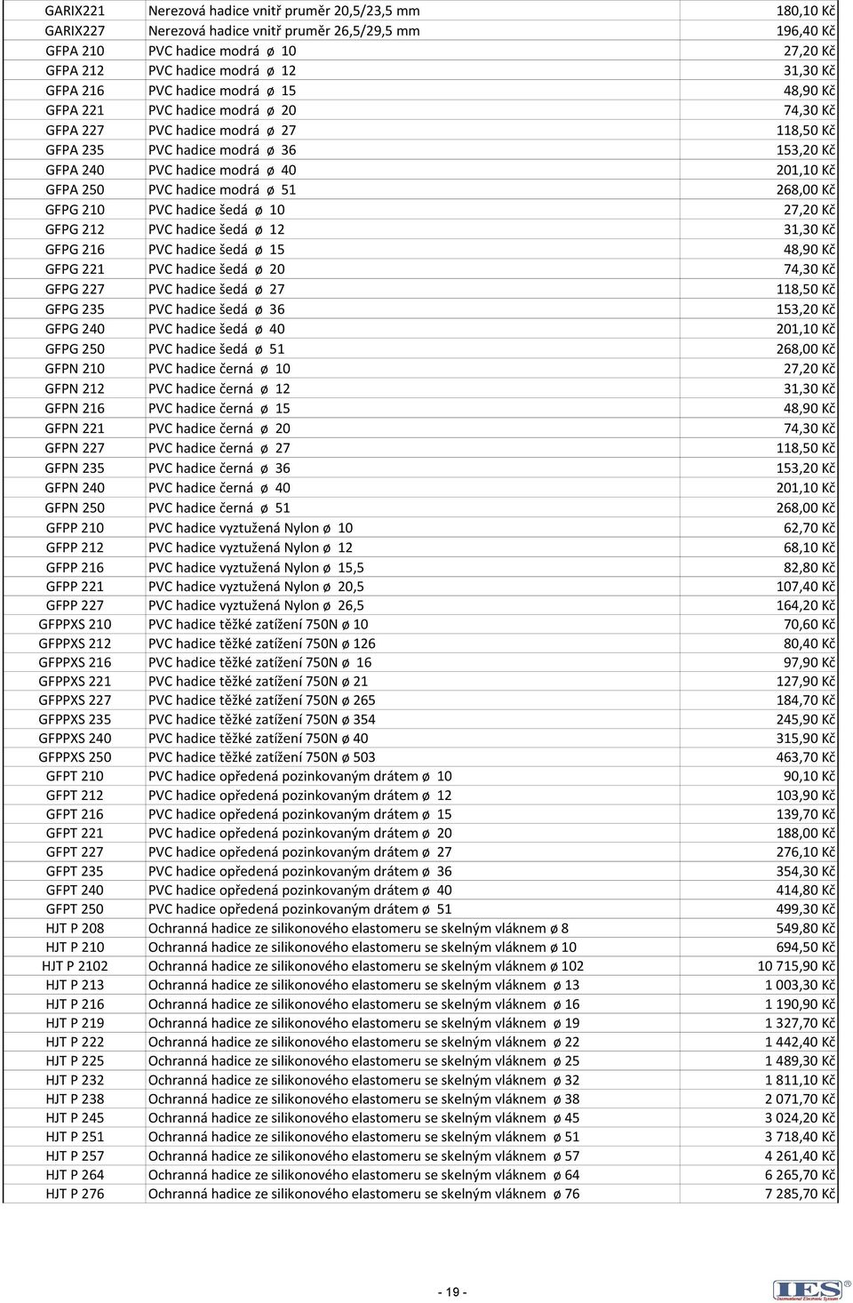 201,10 Kč GFPA 250 PVC hadice modrá ø 51 268,00 Kč GFPG 210 PVC hadice šedá ø 10 27,20 Kč GFPG 212 PVC hadice šedá ø 12 31,30 Kč GFPG 216 PVC hadice šedá ø 15 48,90 Kč GFPG 221 PVC hadice šedá ø 20