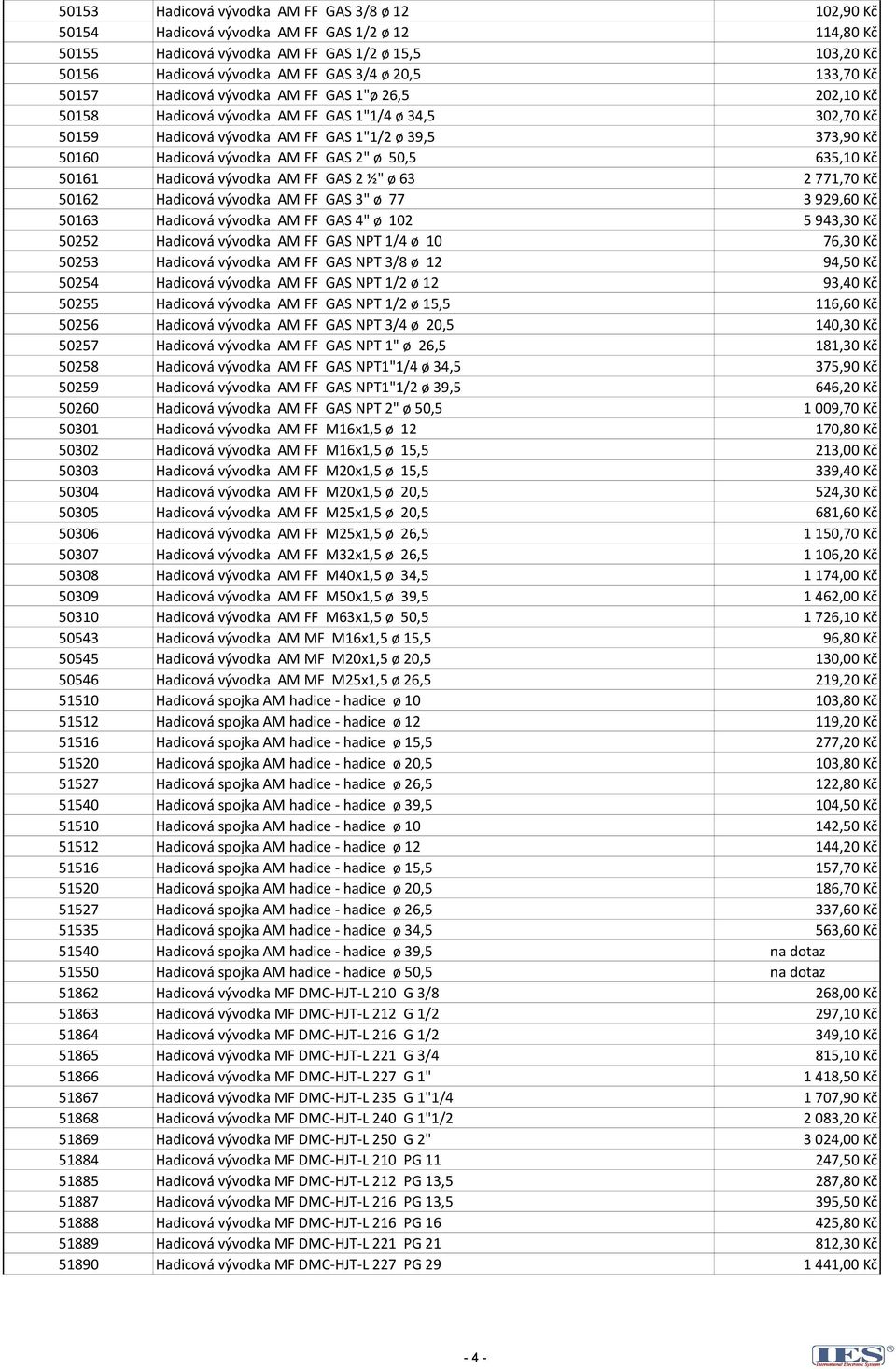 vývodka AM FF GAS 2" ø 50,5 635,10 Kč 50161 Hadicová vývodka AM FF GAS 2 ½" ø 63 2 771,70 Kč 50162 Hadicová vývodka AM FF GAS 3" ø 77 3 929,60 Kč 50163 Hadicová vývodka AM FF GAS 4" ø 102 5 943,30 Kč