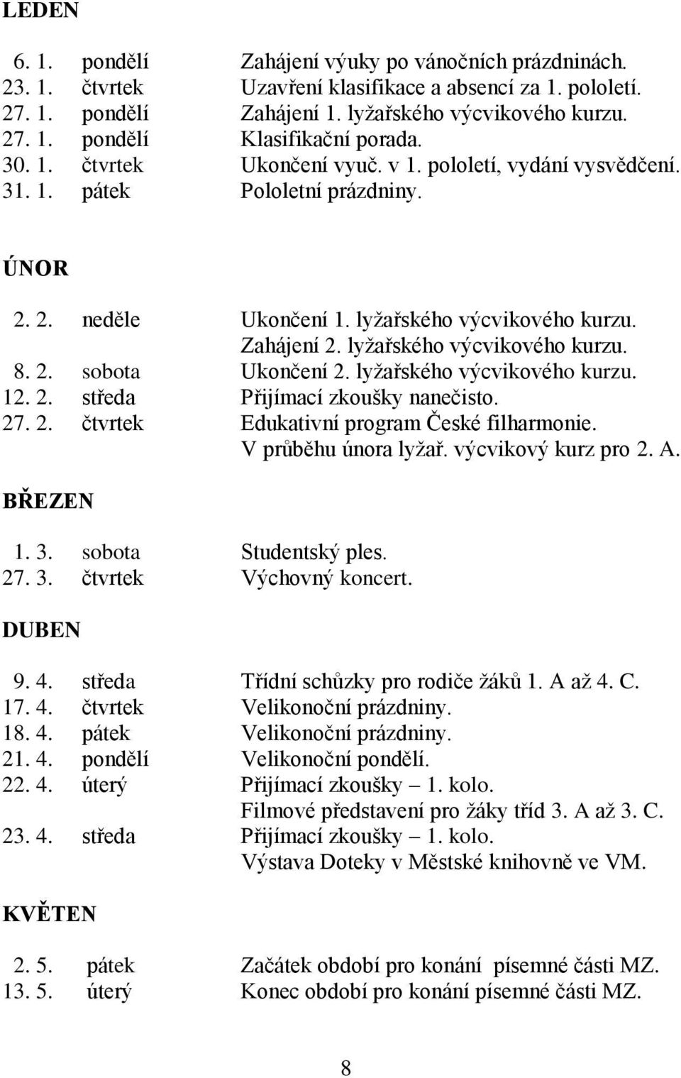 . sobota Ukončení. lyžařského výcvikového kurzu. 1.. středa Přijímací zkoušky nanečisto. 7.. čtvrtek Edukativní program České filharmonie. V průběhu února lyžař. výcvikový kurz pro. A. BŘEZEN 1. 3.