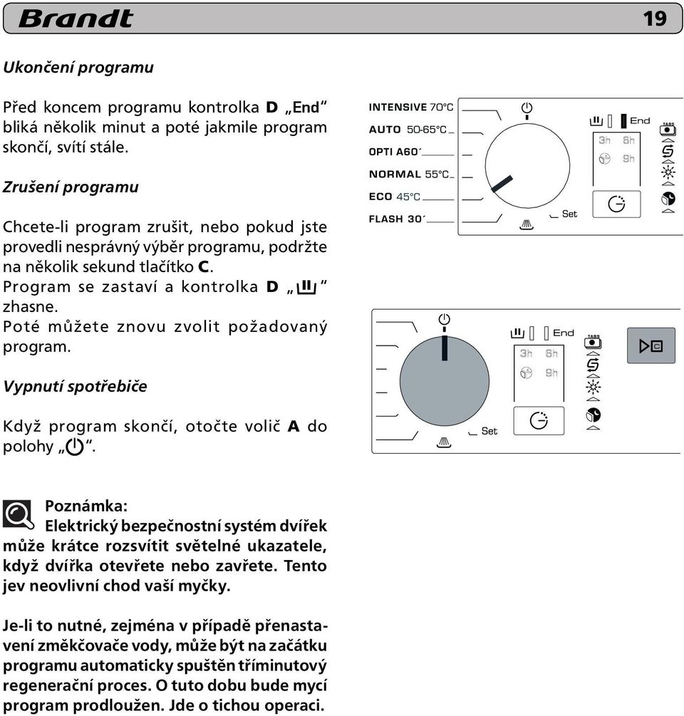 Poté můžete znovu zvolit požadovaný program. Vypnutí spotřebiče Když program skončí, otočte volič A do polohy.