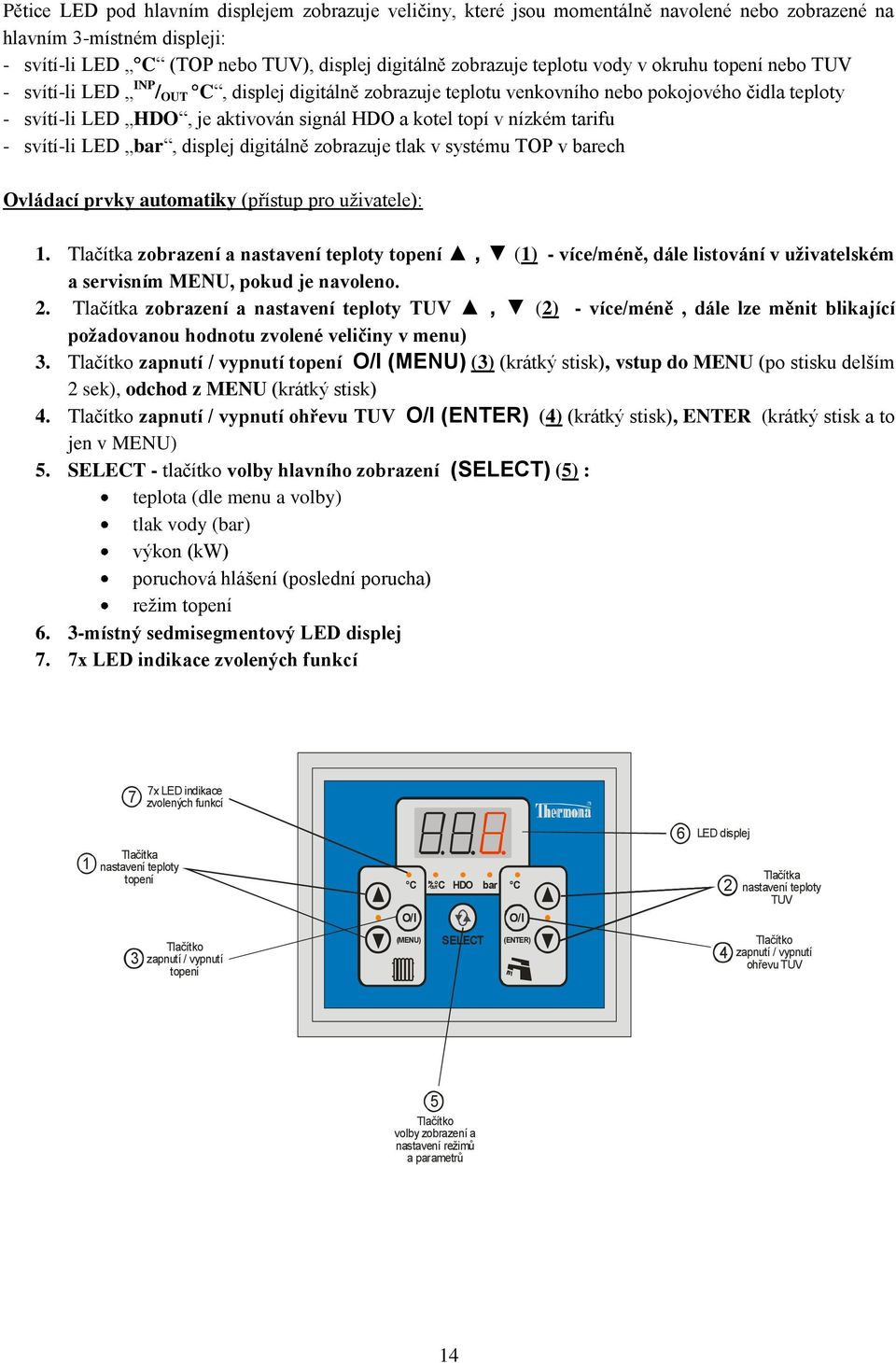 nízkém tarifu - svítí-li LED bar, displej digitálně zobrazuje tlak v systému TOP v barech Ovládací prvky automatiky (přístup pro uţivatele): 1.