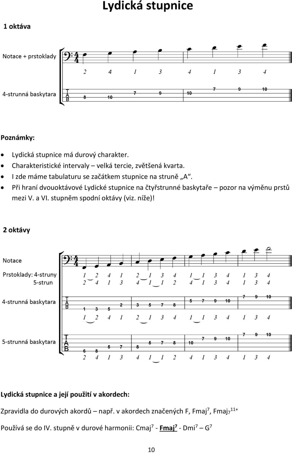 Při hraní dvouoktávové Lydické stupnice na čtyřstrunné baskytaře pozor na výměnu prstů mezi V. a VI.