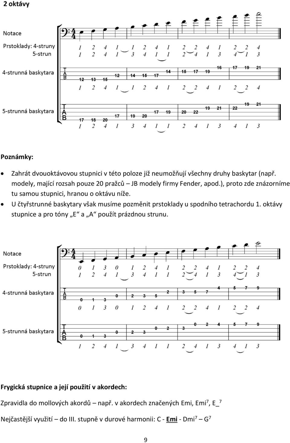 U čtyřstrunné baskytary však musíme pozměnit prstoklady u spodního tetrachordu 1. oktávy stupnice a pro tóny E a A použít prázdnou strunu.