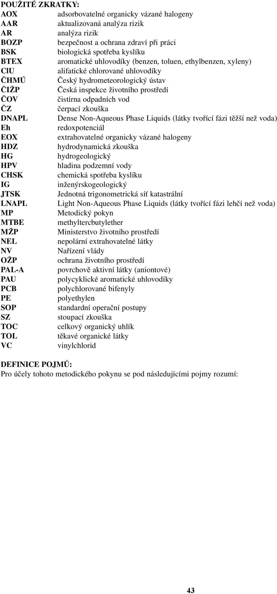 vod ČZ čerpací zkouška DNAPL Dense Non-Aqueous Phase Liquids (látky tvořící fázi těžší než voda) Eh redoxpotenciál EOX extrahovatelné organicky vázané halogeny HDZ hydrodynamická zkouška HG