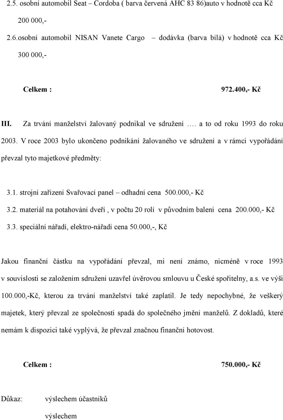 V roce 2003 bylo ukončeno podnikání žalovaného ve sdružení a v rámci vypořádání převzal tyto majetkové předměty: 3.1. strojní zařízení Svařovací panel odhadní cena 500.000,- Kč 3.2. materiál na potahování dveří, v počtu 20 rolí v původním balení cena 200.