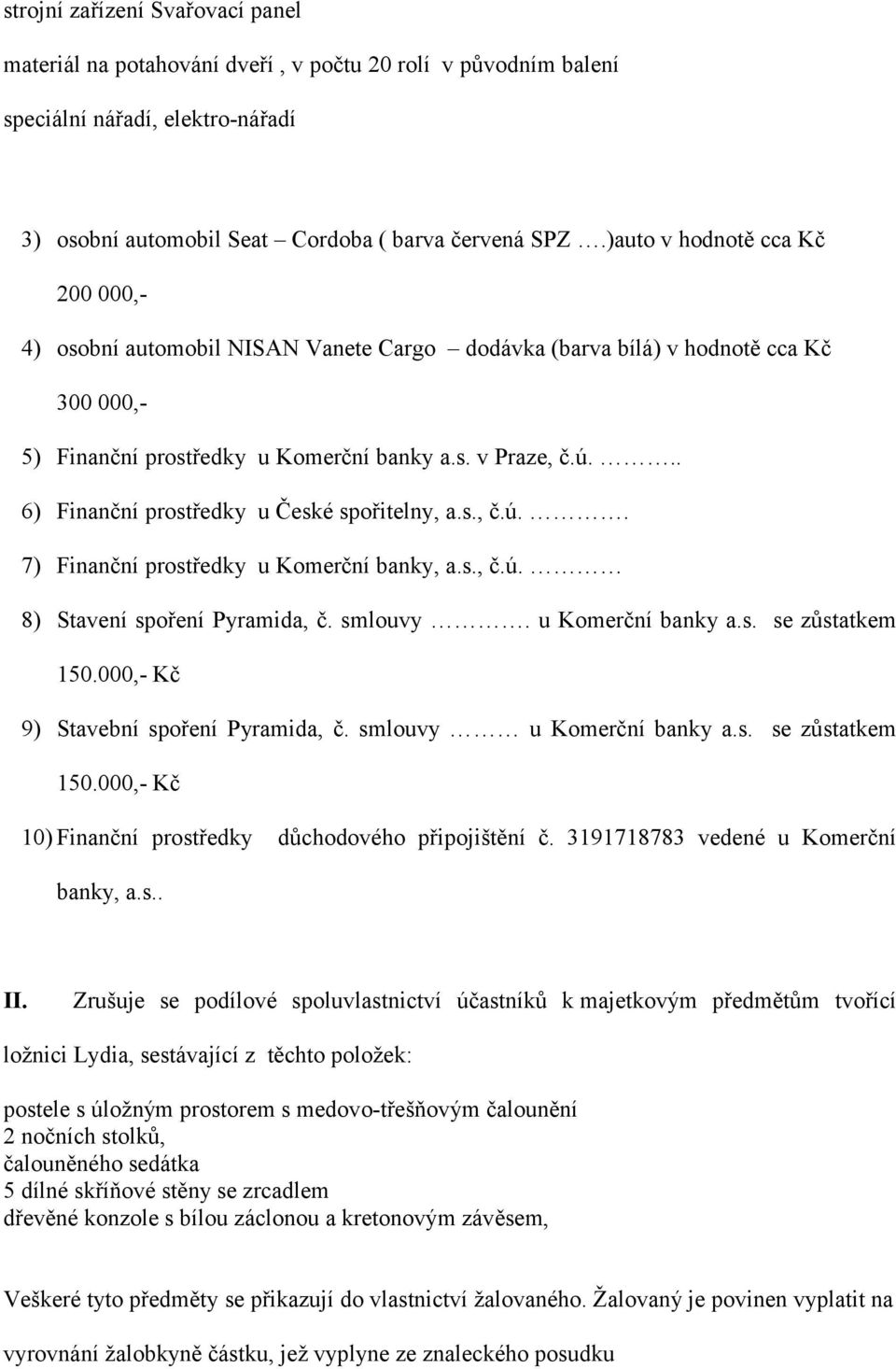 .. 6) Finanční prostředky u České spořitelny, a.s., č.ú.. 7) Finanční prostředky u Komerční banky, a.s., č.ú. 8) Stavení spoření Pyramida, č. smlouvy. u Komerční banky a.s. se zůstatkem 150.