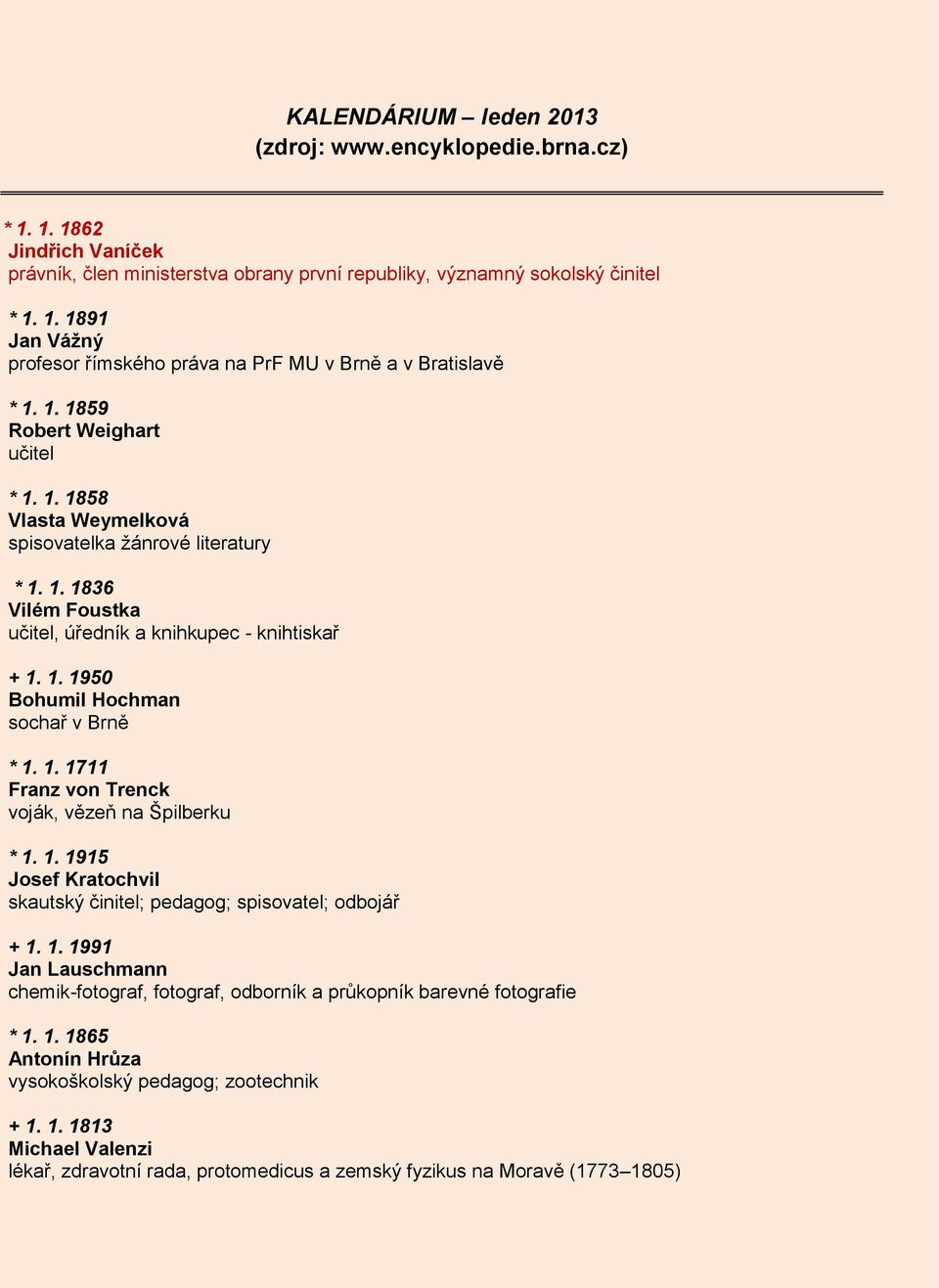 1. 1711 Franz von Trenck voják, vězeň na Špilberku * 1. 1. 1915 Josef Kratochvil skautský činitel; pedagog; spisovatel; odbojář + 1. 1. 1991 Jan Lauschmann chemik-fotograf, fotograf, odborník a průkopník barevné fotografie * 1.