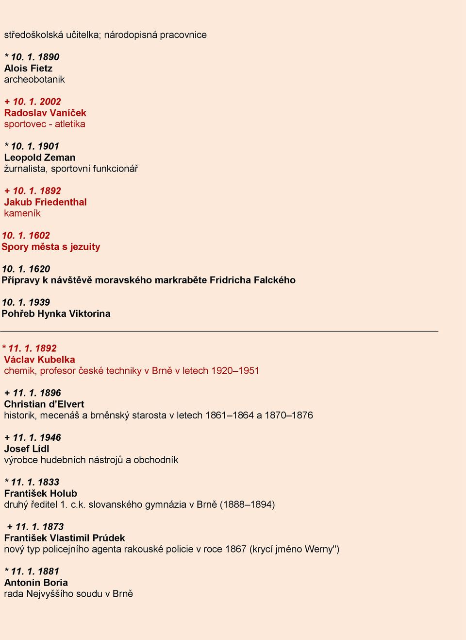 1. 1896 Christian d Elvert historik, mecenáš a brněnský starosta v letech 1861 1864 a 1870 1876 + 11. 1. 1946 Josef Lídl výrobce hudebních nástrojů a obchodník * 11. 1. 1833 František Holub druhý ředitel 1.