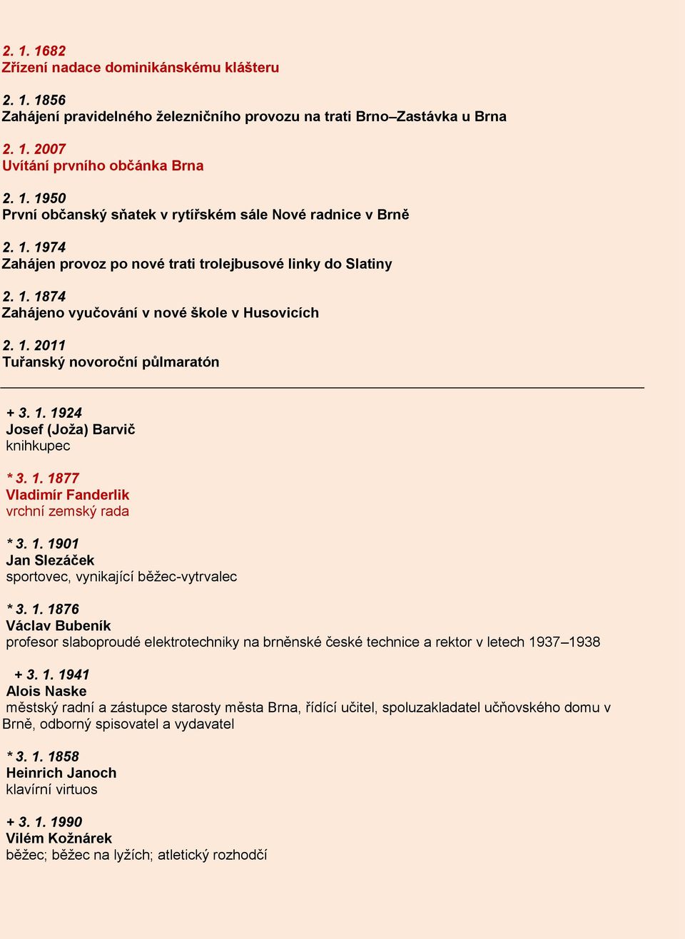 1. 1877 Vladimír Fanderlik vrchní zemský rada * 3. 1. 1901 Jan Slezáček sportovec, vynikající běžec-vytrvalec * 3. 1. 1876 Václav Bubeník profesor slaboproudé elektrotechniky na brněnské české technice a rektor v letech 1937 1938 + 3.