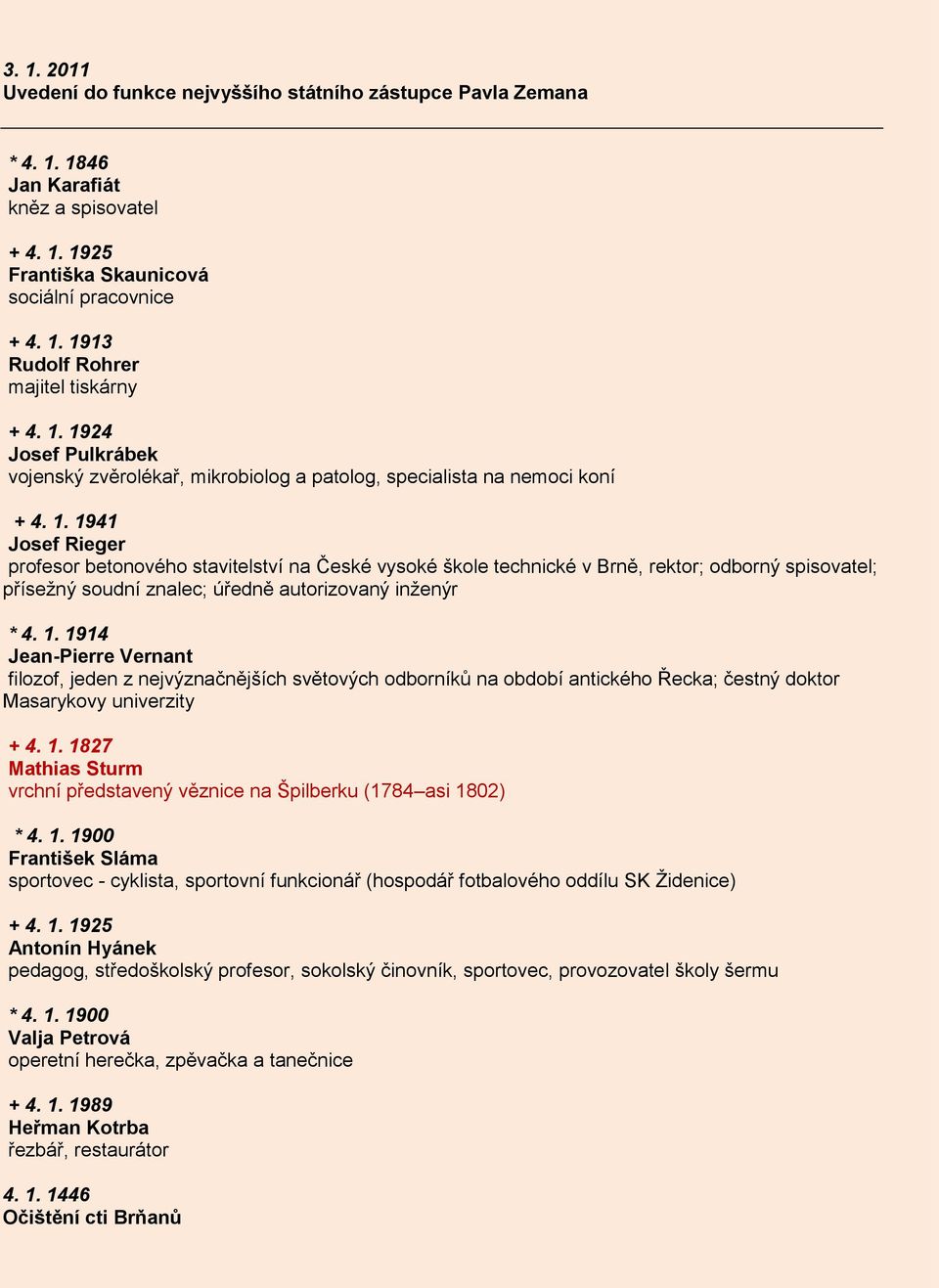 1. 1914 Jean-Pierre Vernant filozof, jeden z nejvýznačnějších světových odborníků na období antického Řecka; čestný doktor Masarykovy univerzity + 4. 1. 1827 Mathias Sturm vrchní představený věznice na Špilberku (1784 asi 1802) * 4.