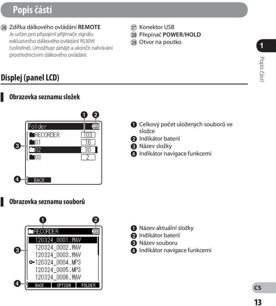 Displej (panel LCD) t Konektor USB y Přepínač POWER/HOLD u Otvor na poutko Popis částí Obrazovka seznamu složek Celkový počet