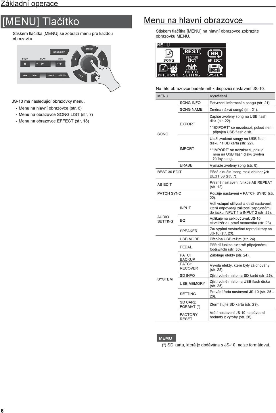 18) MENU SONG BEST 30 EDIT AB EDIT PATCH SYNC AUDIO SETTING SYSTEM SONG INFO Potvrzení informací o songu (str. 21). SONG NAME Změna názvů songů (str. 21). EXPORT IMPORT Zapíše zvolený song na USB flash disk (str.