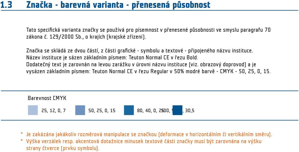 Název instituce je sázen základním písmem: Teuton Normal CE v řezu Bold. Dodatečný text je zarovnán na levou zarážku v úrovni názvu instituce (viz.