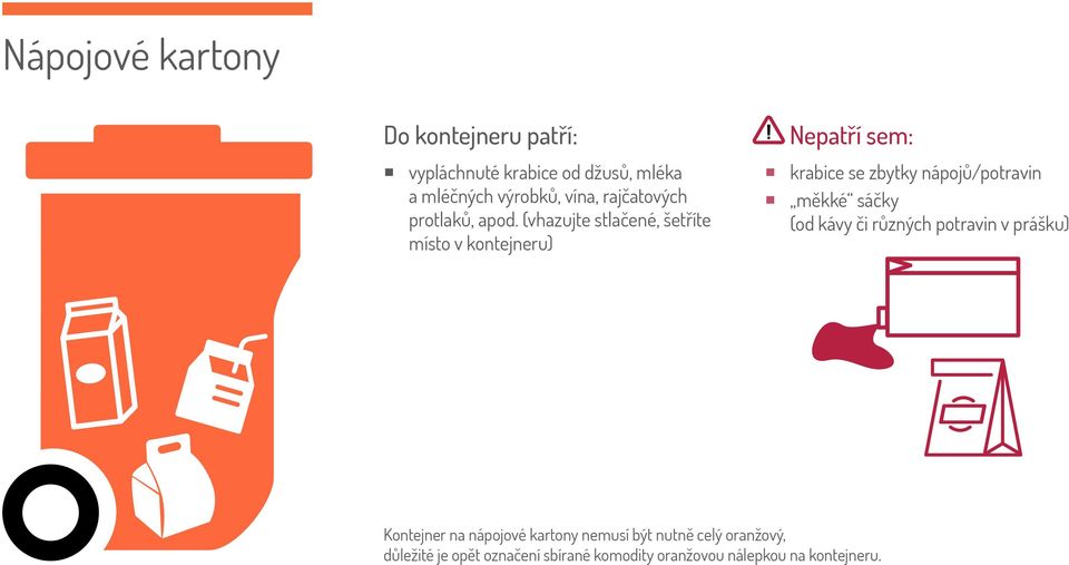 (vhazujte stlačené, šetříte místo v kontejneru) krabice se zbytky nápojů/potravin měkké sáčky