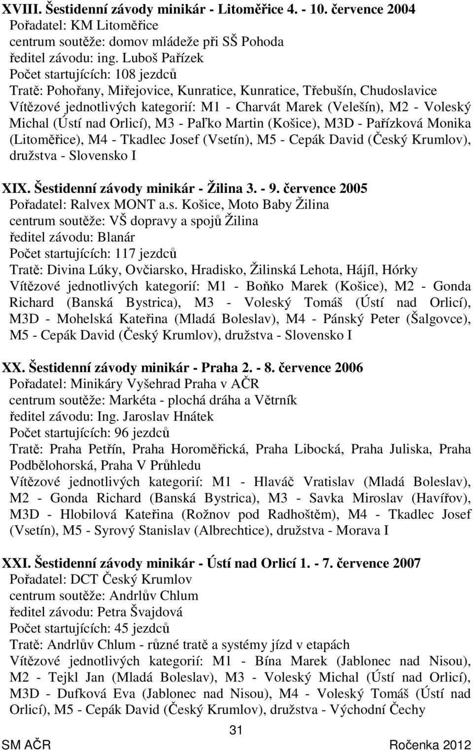 Michal (Ústí nad Orlicí), M3 - Paľko Martin (Košice), M3D - Pařízková Monika (Litoměřice), M4 - Tkadlec Josef (Vsetín), M5 - Cepák David (Český Krumlov), družstva - Slovensko I XIX.