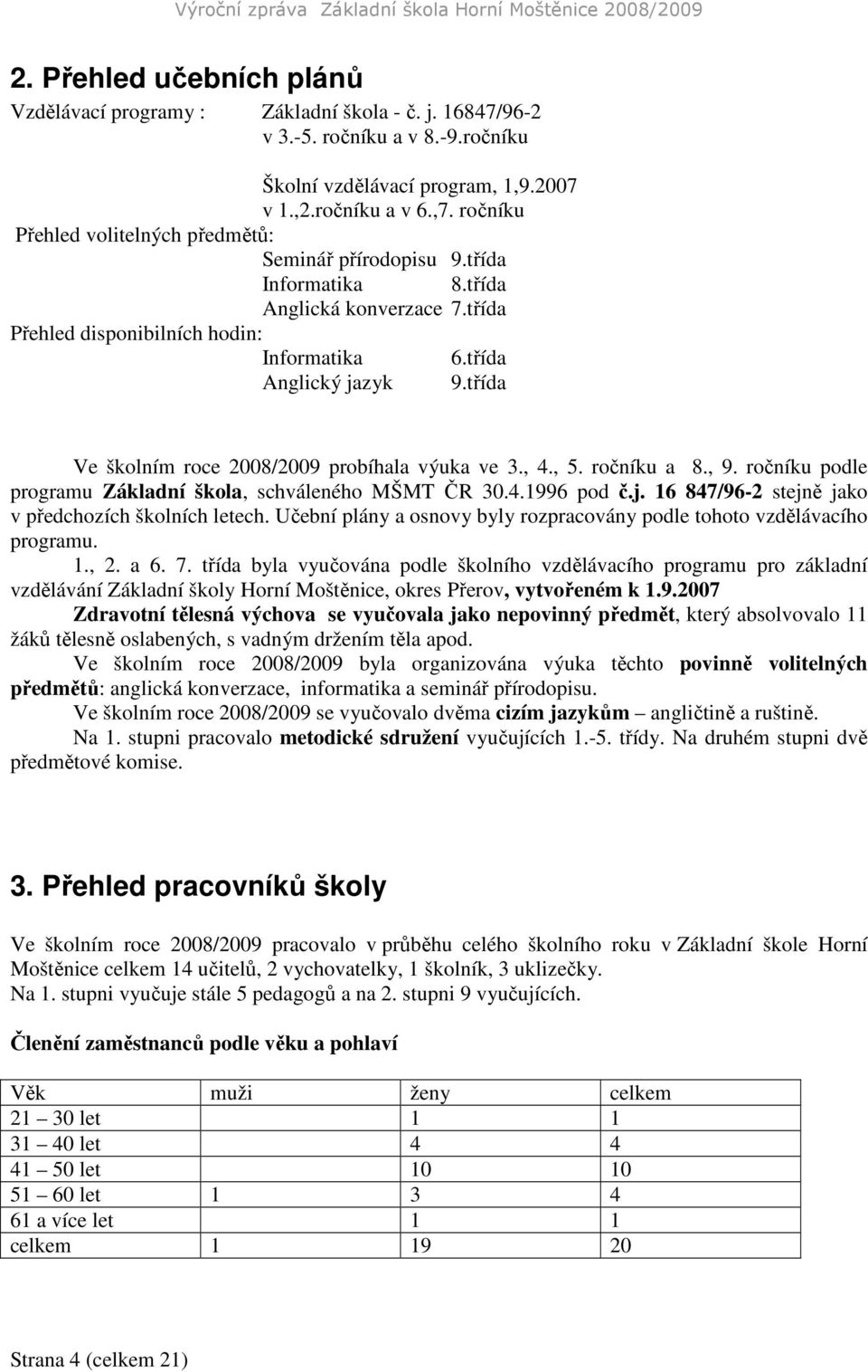 třída Ve školním roce 2008/2009 probíhala výuka ve 3., 4., 5. ročníku a 8., 9. ročníku podle programu Základní škola, schváleného MŠMT ČR 30.4.1996 pod č.j.