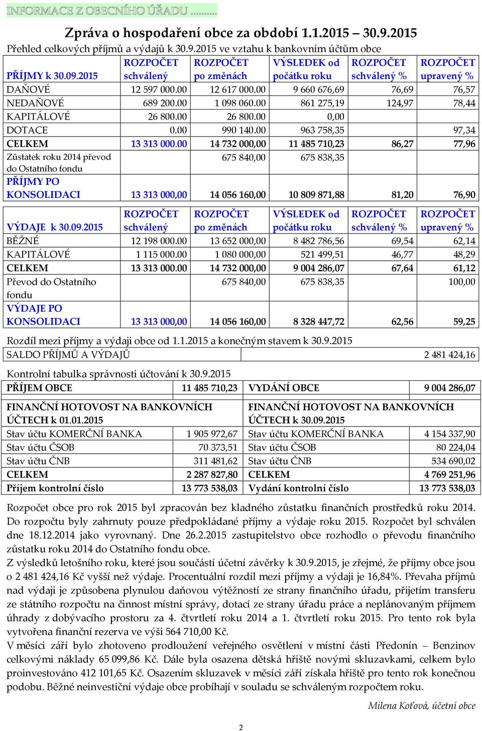 215 ve vztahu k bankovním účtům obce PŘÍJMY k 3.9.