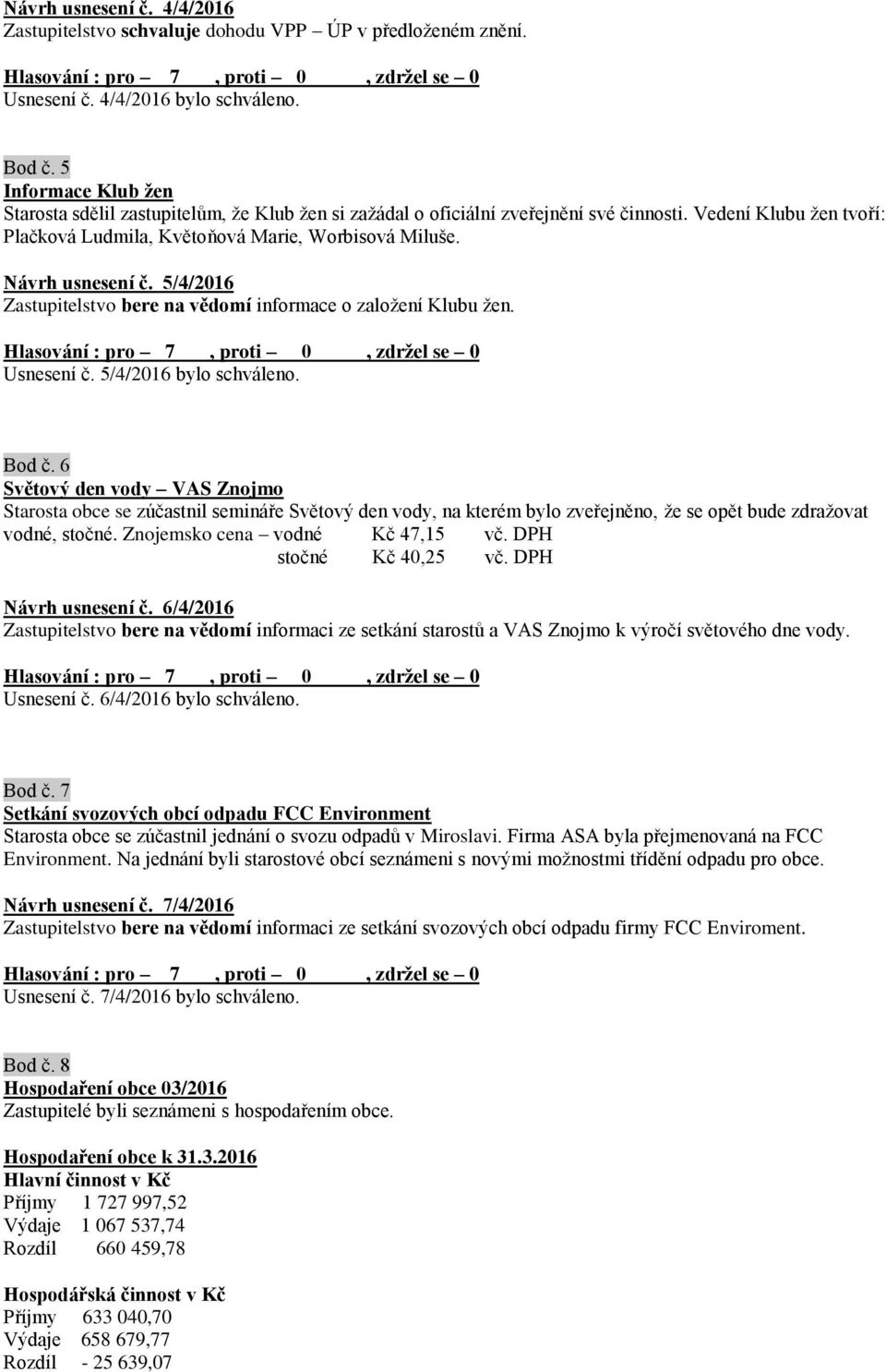 Návrh usnesení č. 5/4/2016 Zastupitelstvo bere na vědomí informace o založení Klubu žen. Usnesení č. 5/4/2016 bylo schváleno. Bod č.