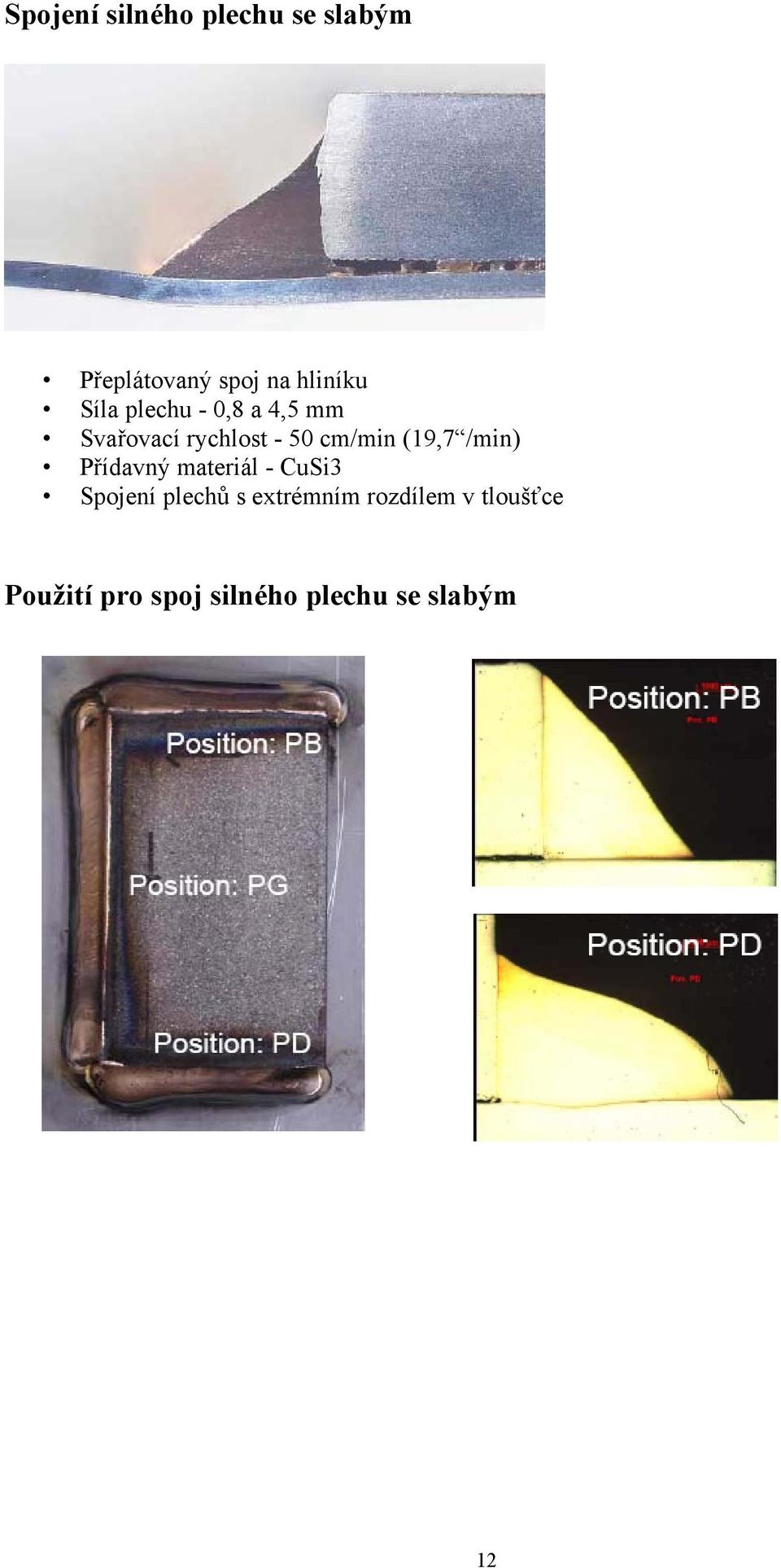 (19,7 /min) Přídavný materiál - CuSi3 Spojení plechů s