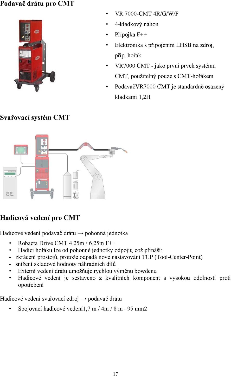 podavač drátu pohonná jednotka Robacta Drive CMT 4,25m / 6,25m F++ Hadici hořáku lze od pohonné jednotky odpojit, což přináší: - zkrácení prostojů, protože odpadá nové nastavování TCP