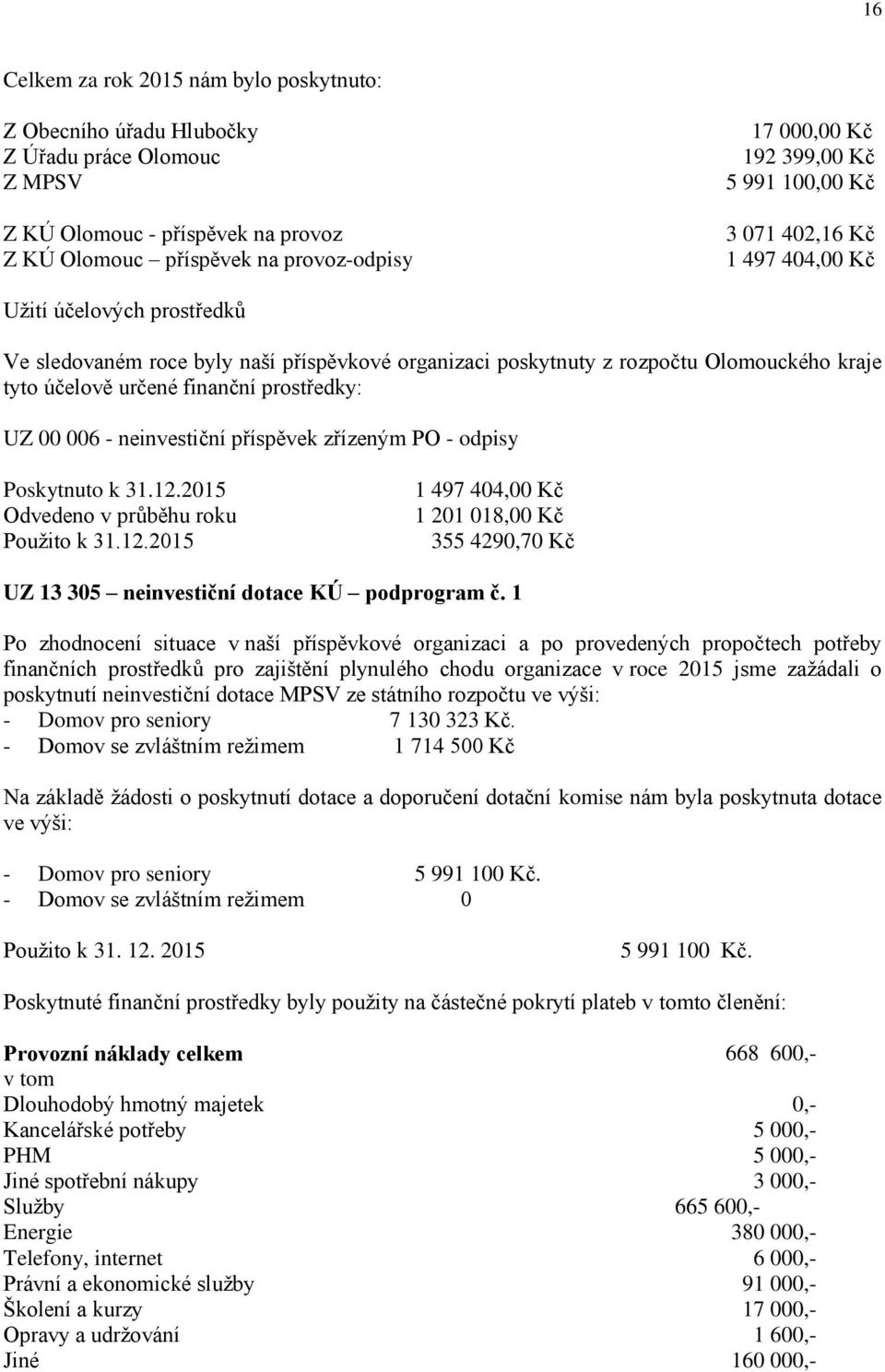 prostředky: UZ 00 006 - neinvestiční příspěvek zřízeným PO - odpisy Poskytnuto k 31.12.2015 Odvedeno v průběhu roku Použito k 31.12.2015 1 497 404,00 Kč 1 201 018,00 Kč 355 4290,70 Kč UZ 13 305 neinvestiční dotace KÚ podprogram č.