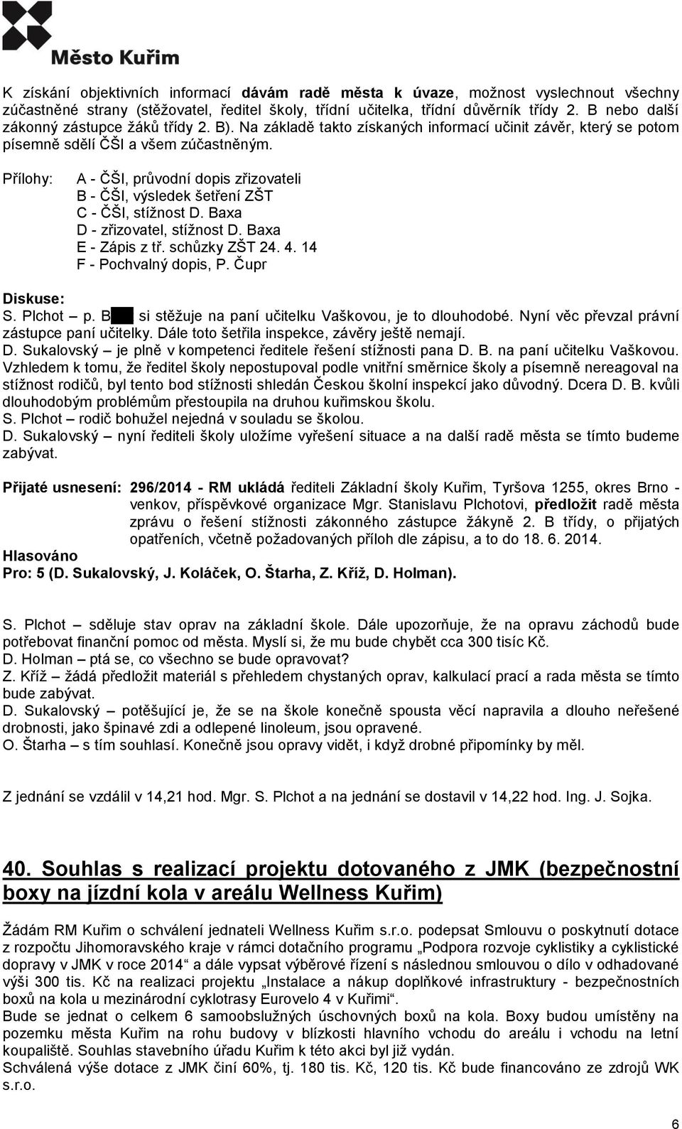 A - ČŠI, průvodní dopis zřizovateli B - ČŠI, výsledek šetření ZŠT C - ČŠI, stížnost D. Baxa D - zřizovatel, stížnost D. Baxa E - Zápis z tř. schůzky ZŠT 24. 4. 14 F - Pochvalný dopis, P.