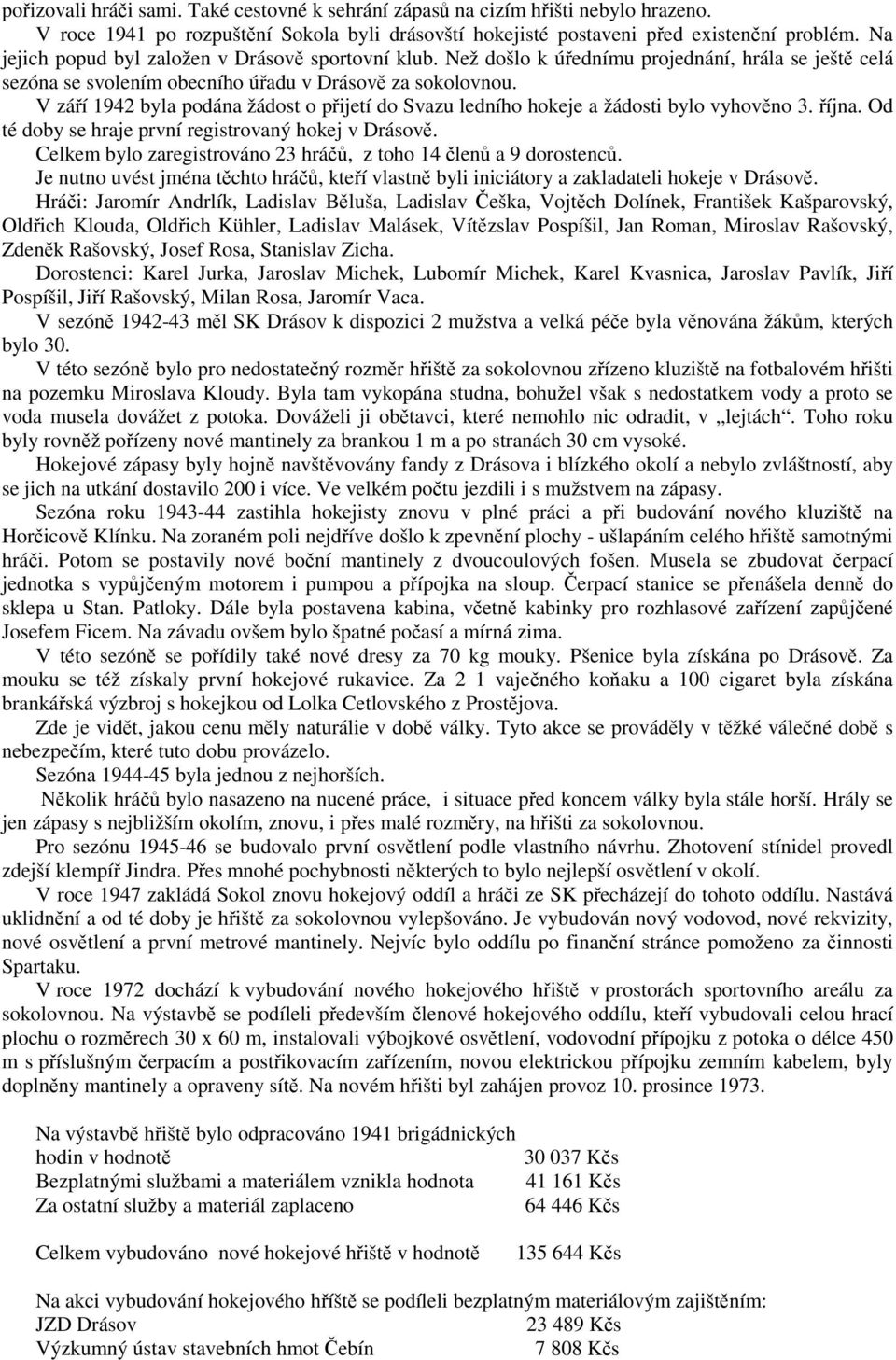 V záí 1942 byla podána žádost o pijetí do Svazu ledního hokeje a žádosti bylo vyhovno 3. íjna. Od té doby se hraje první registrovaný hokej v Drásov.