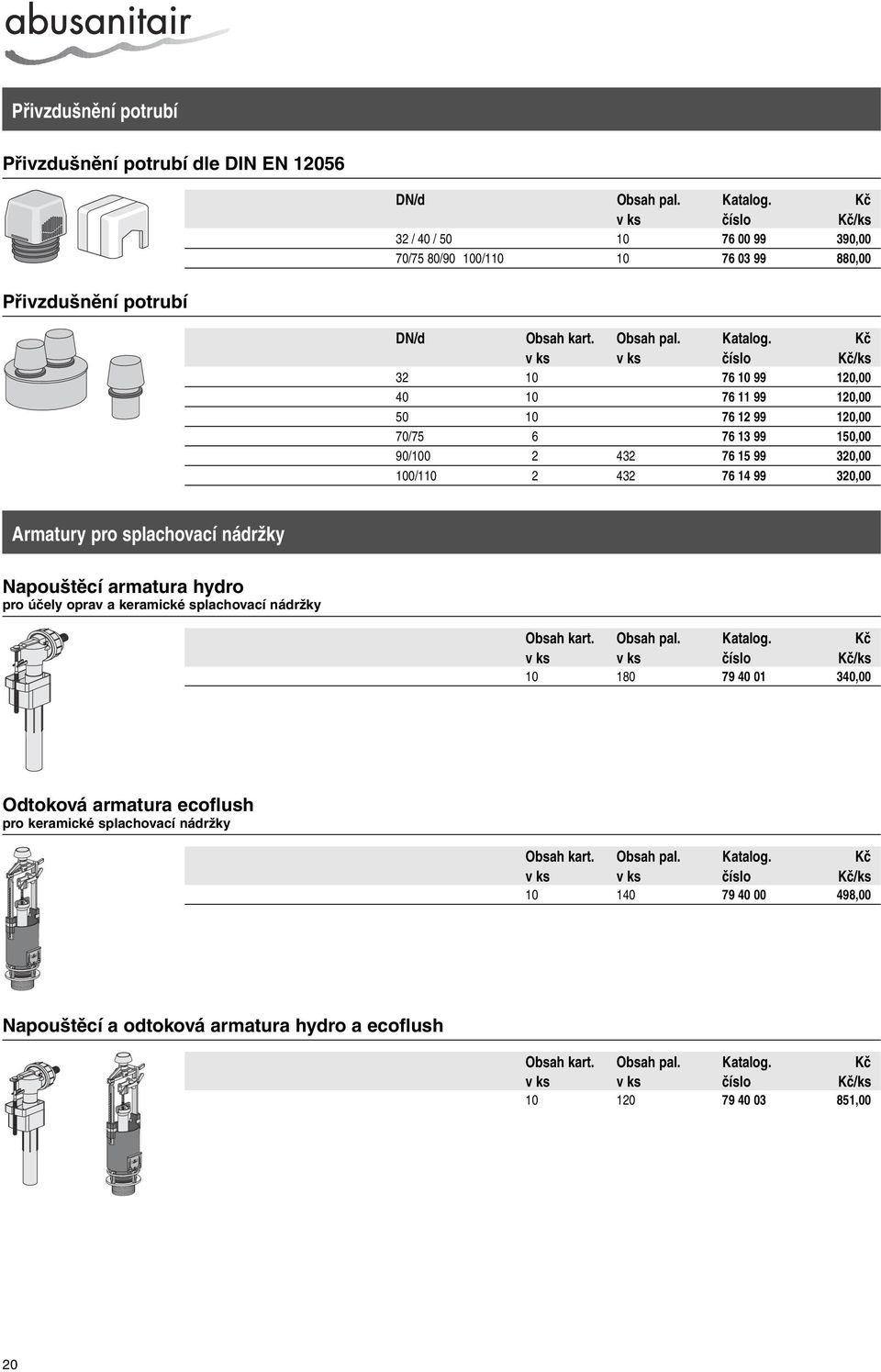 Kč v ks v ks 32 10 76 10 99 120,00 40 10 76 11 99 120,00 50 10 76 12 99 120,00 70/75 6 76 13 99 150,00 90/100 2 432 76 15 99 320,00 100/110 2 432 76 14 99 320,00 Armatury pro splachovací nádržky