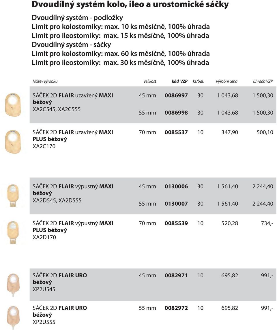 30 ks měsíčně, 100% úhrada SÁČEK 2D FLAIR uzavřený MAXI béžový XA2C545, XA2C555 45 mm 0086997 30 1 043,68 1 500,30 55 mm 0086998 30 1 043,68 1 500,30 SÁČEK 2D FLAIR uzavřený MAXI PLUS béžový XA2C170