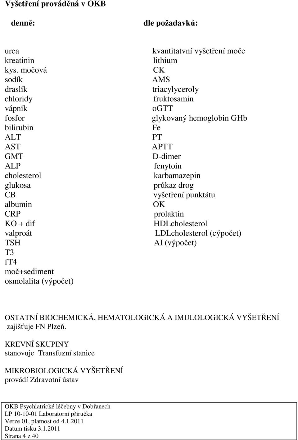 (výpočet) kvantitatvní vyšetření moče lithium CK AMS triacylyceroly fruktosamin ogtt glykovaný hemoglobin GHb Fe PT APTT D-dimer fenytoin karbamazepin průkaz drog