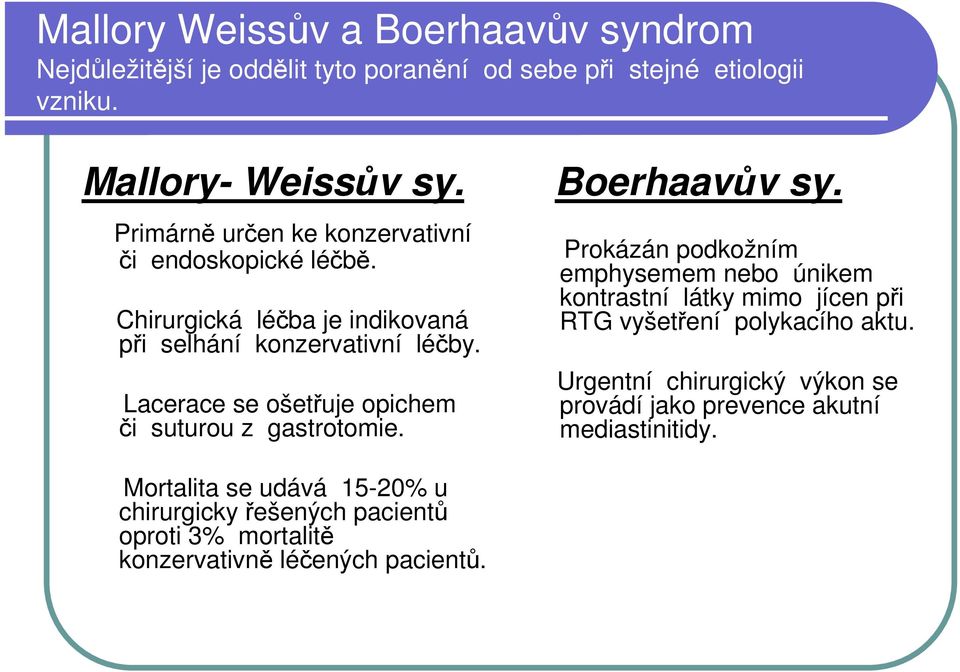 Lacerace se ošetřuje opichem či suturou z gastrotomie. Boerhaavův sy.