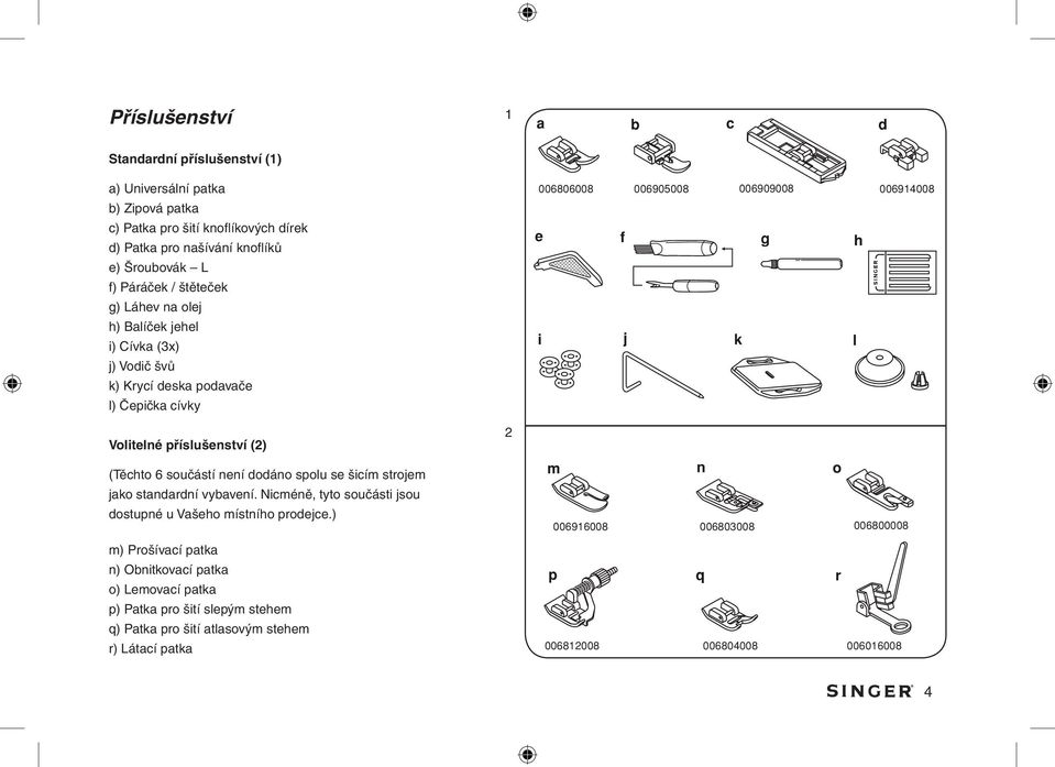 Volitelné příslušenství (2) (Těchto 6 součástí není dodáno spolu se šicím strojem jako standardní vybavení.