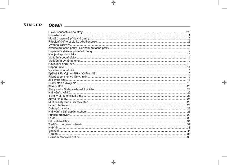 ..13 Napnutí nitě...14 Vytažení spodní nitě...15 Zpětné šití / Vyjmutí látky / Odřez nitě...16 Přizpůsobení jehly / látky / nitě...17 Jak zvolit vzor...18 Přímý steh a dvojjehla...19 Klikatý steh.