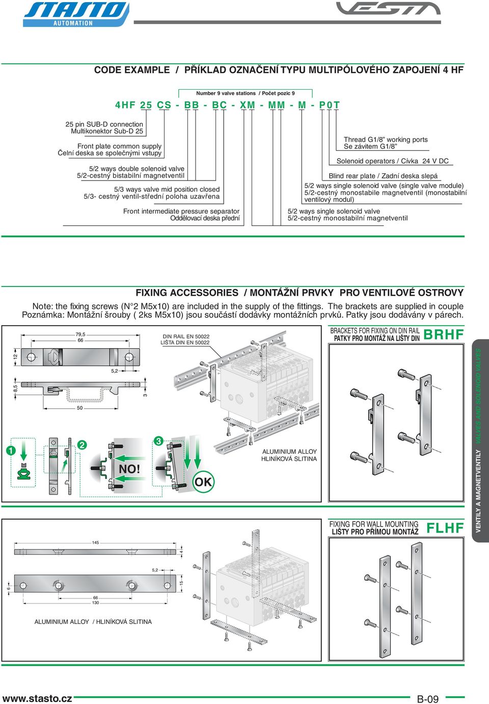 Front intermediate pressure separator Oddělovací deska přední Thread G/8 working ports Se závitem G/8 Solenoid operators / Cívka 24 V DC Blind rear plate / Zadní deska slepá 5/2 ways single solenoid