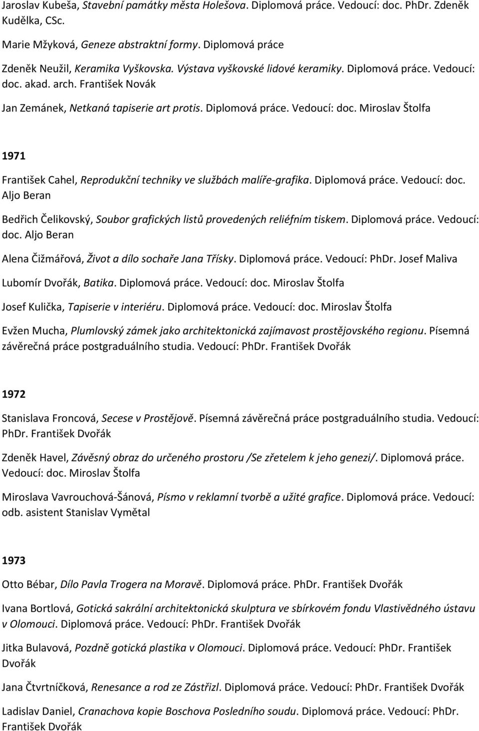 Diplomová práce. Vedoucí: doc. Aljo Beran Bedřich Čelikovský, Soubor grafických listů provedených reliéfním tiskem. Diplomová práce. Vedoucí: doc. Aljo Beran Alena Čižmářová, Život a dílo sochaře Jana Třísky.