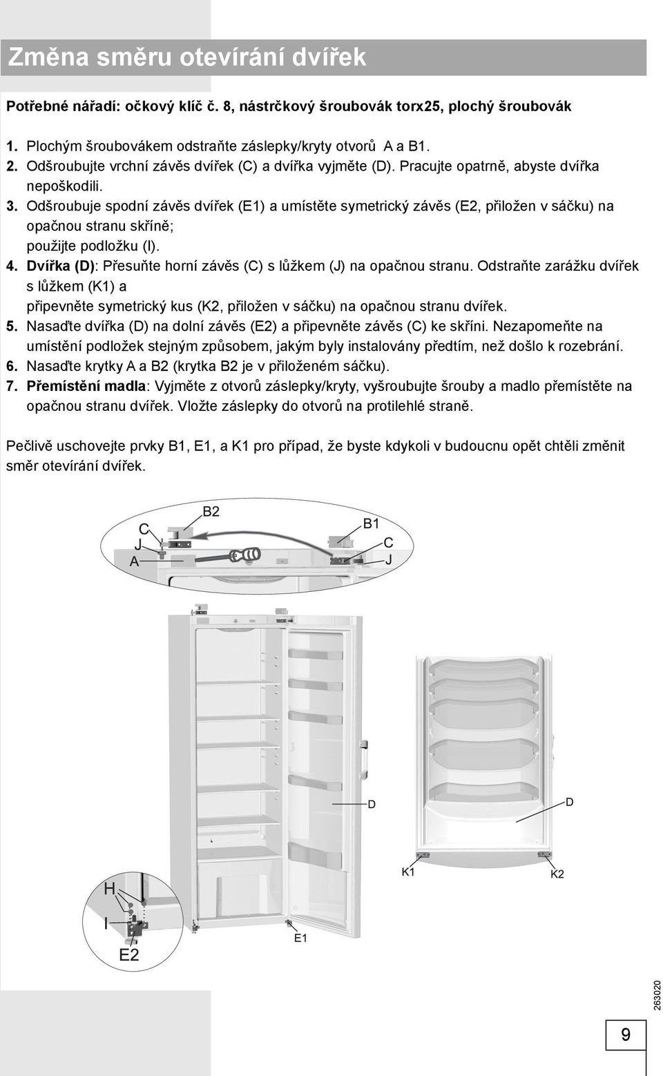 Odšroubuje spodní závěs dvířek (E1) a umístěte symetrický závěs (E2, přiložen v sáčku) na opačnou stranu skříně; použijte podložku (I). 4.