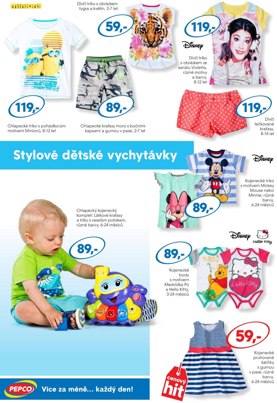 kojenecký komplet: Látkové kraťasy a triko s veselým potiskem, různé barvy, 6-24 měsíců Kojenecké triko s motivem Mickey Mouse nebo Minnie, různé barvy, 6-24