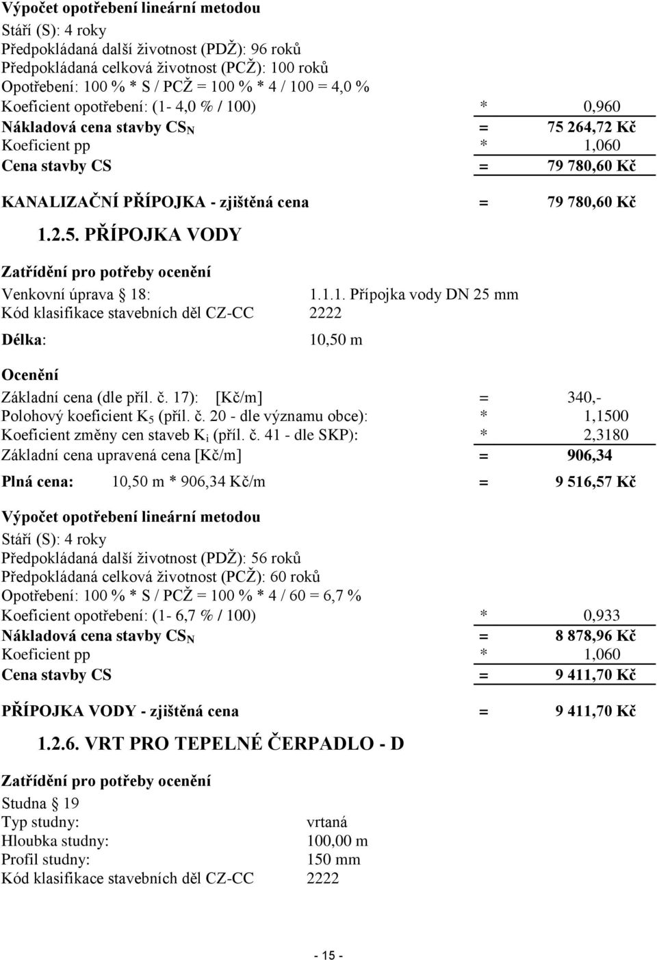 1.1. Přípojka vody DN 25 mm Kód klasifikace stavebních děl CZ-CC 2222 Délka: 10,50 m Ocenění Základní cena (dle příl. č.