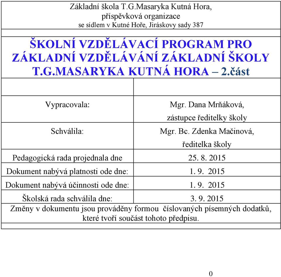 ŠKOLY T.G.MASARYKA KUTNÁ HORA 2.část Vypracovala: Schválila: Mgr. Dana Mrňáková, zástupce ředitelky školy Mgr. Bc.