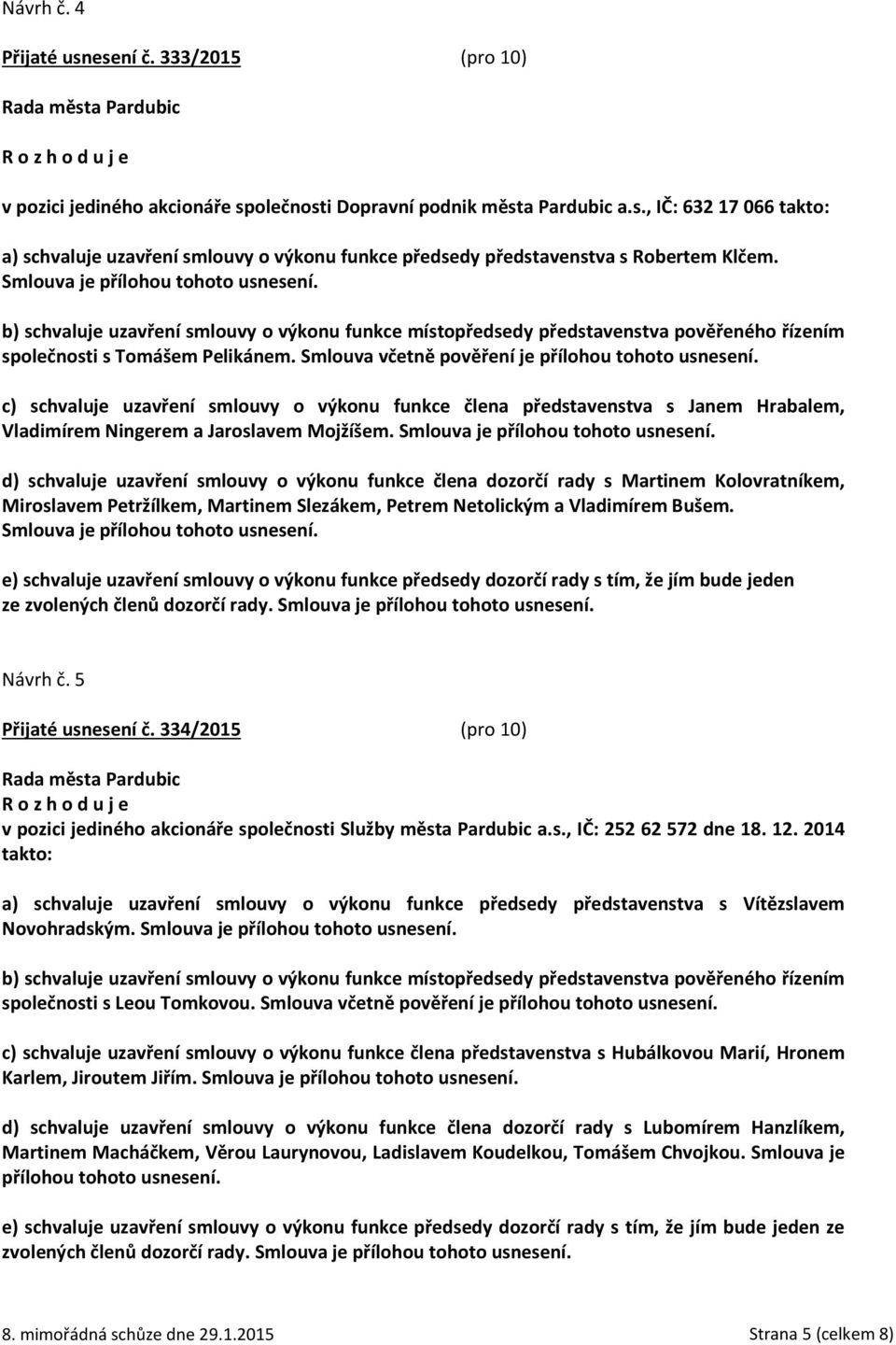 Smlouva včetně pověření je přílohou tohoto usnesení. c) schvaluje uzavření smlouvy o výkonu funkce člena představenstva s Janem Hrabalem, Vladimírem Ningerem a Jaroslavem Mojžíšem.