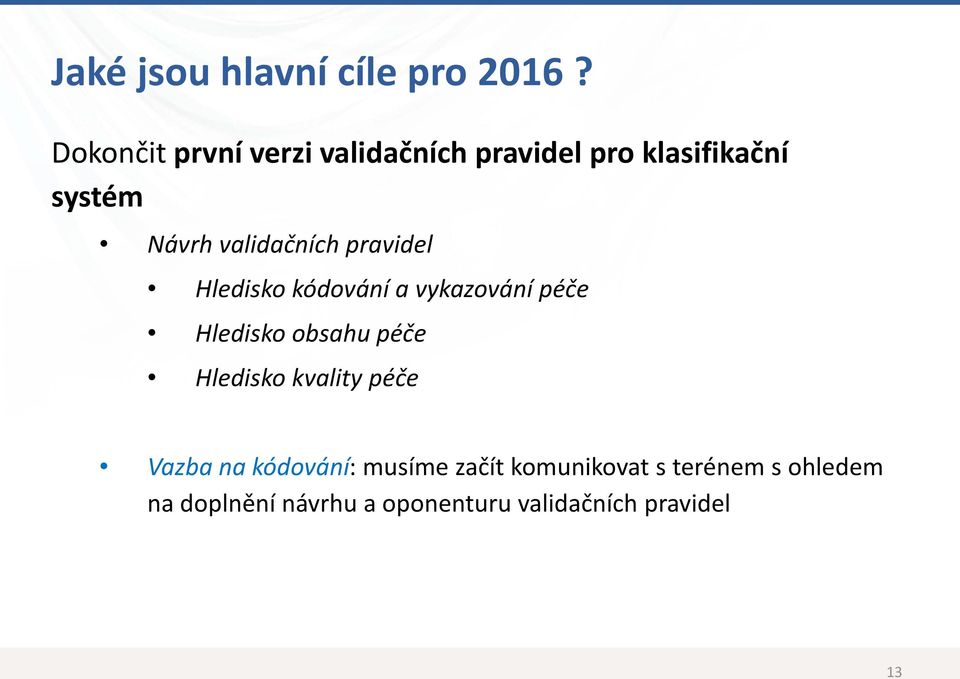 validačních pravidel Hledisko kódování a vykazování péče Hledisko obsahu péče