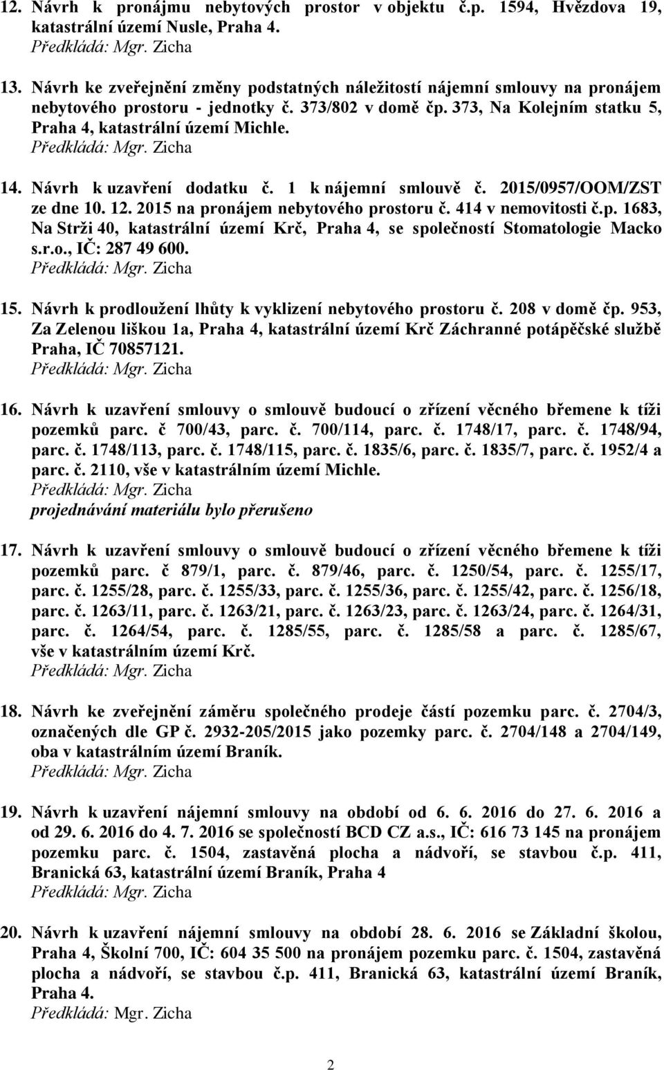 Návrh k uzavření dodatku č. 1 k nájemní smlouvě č. 2015/0957/OOM/ZST ze dne 10. 12. 2015 na pronájem nebytového prostoru č. 414 v nemovitosti č.p. 1683, Na Strži 40, katastrální území Krč, Praha 4, se společností Stomatologie Macko s.