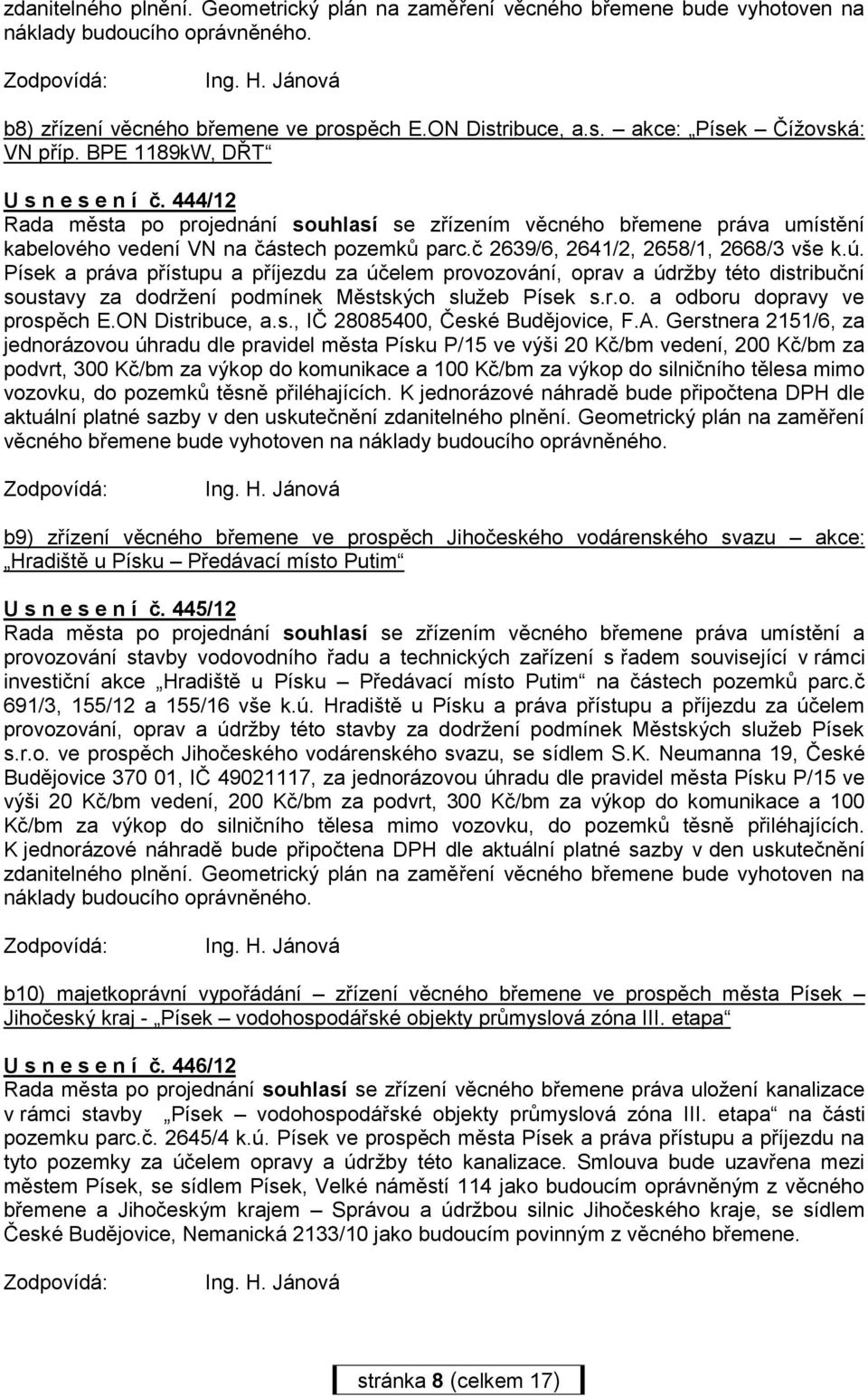 č 2639/6, 2641/2, 2658/1, 2668/3 vše k.ú. Písek a práva přístupu a příjezdu za účelem provozování, oprav a údržby této distribuční soustavy za dodržení podmínek Městských služeb Písek s.r.o. a odboru dopravy ve prospěch E.