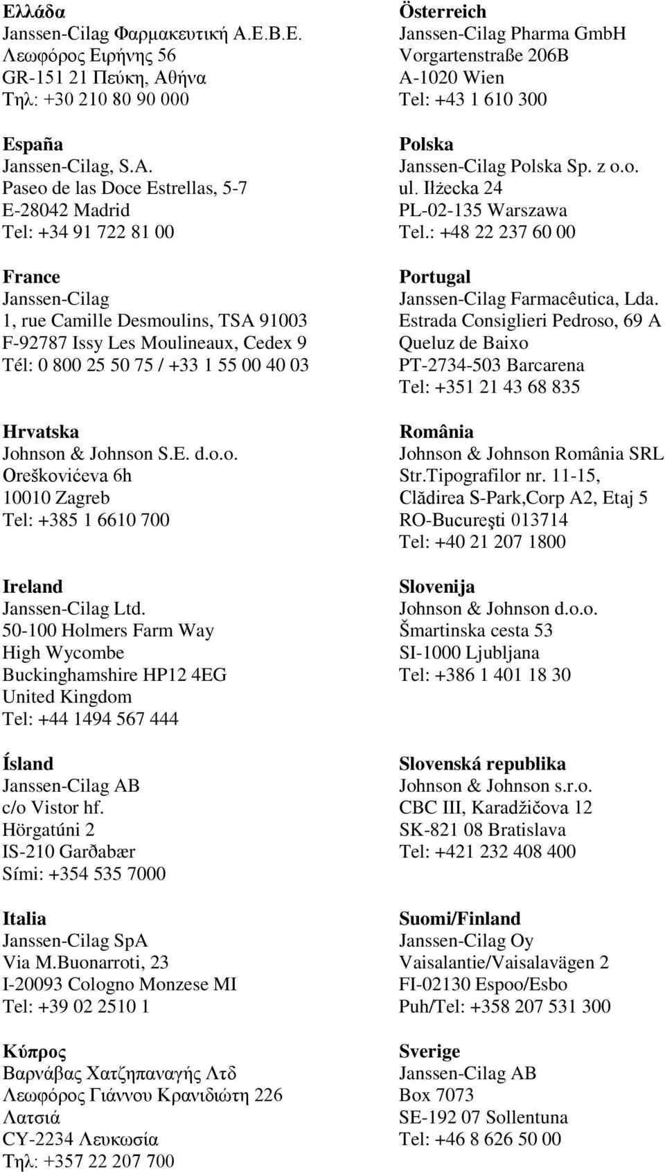 40 03 Hrvatska Johnson & Johnson S.E. d.o.o. Oreškovićeva 6h 10010 Zagreb Tel: +385 1 6610 700 Ireland Janssen-Cilag Ltd.