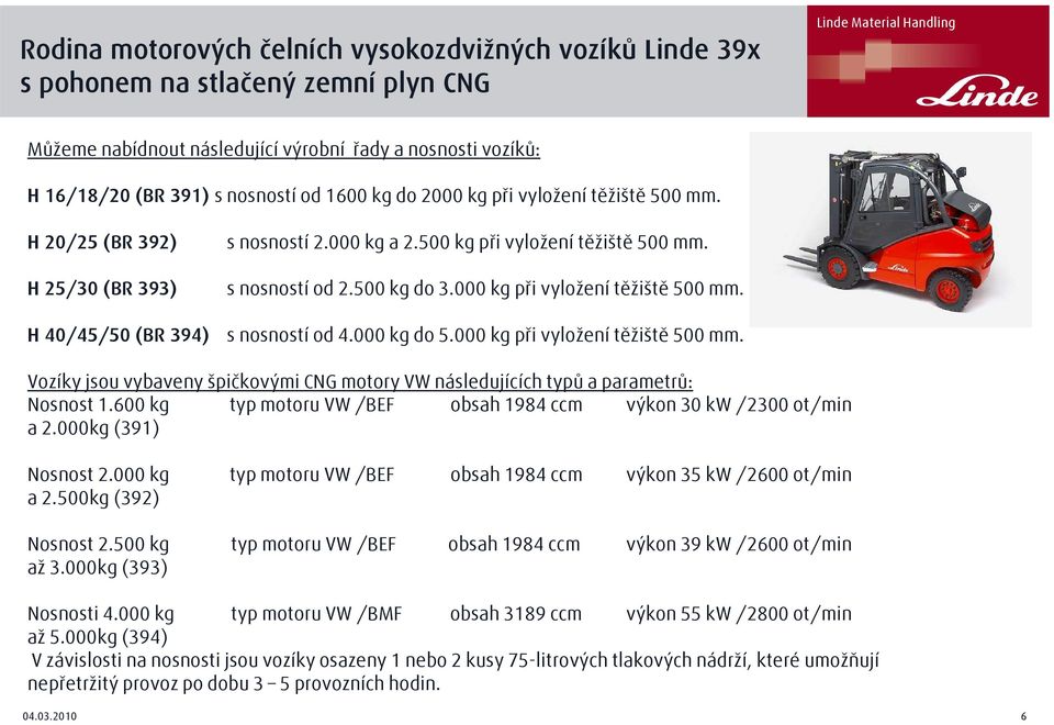 000 kg do 5.000 kg při vyložení těžiště 500 mm. Vozíky jsou vybaveny špičkovými CNG motory VW následujících typů a parametrů: Nosnost 1.