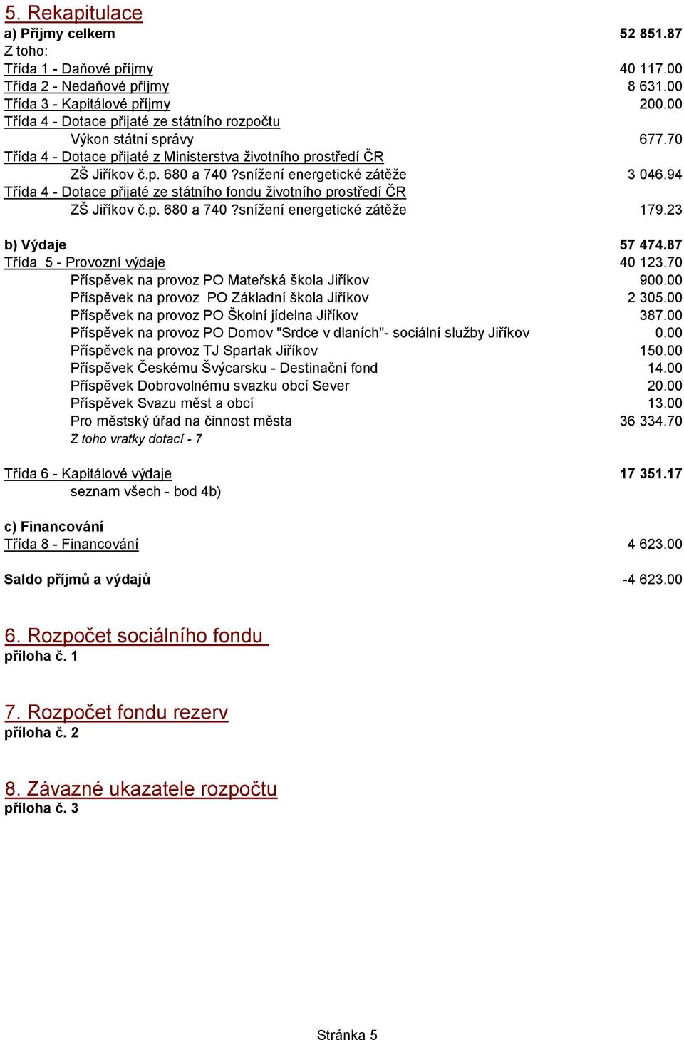 94 Třída 4 - Dotace přijaté ze státního fondu životního prostředí ČR ZŠ Jiříkov č.p. 680 a 740?snížení energetické zátěže 179.23 b) Výdaje 57 474.87 Třída 5 - Provozní výdaje 40 123.