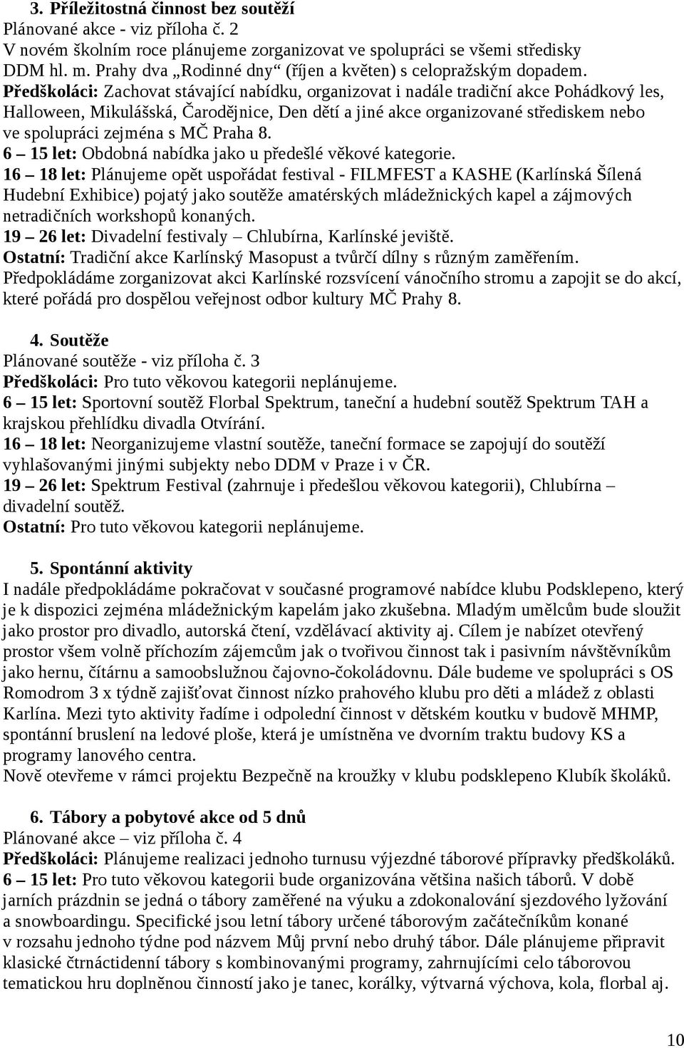 Předškoláci: Zachovat stávající nabídku, organizovat i nadále tradiční akce Pohádkový les, Halloween, Mikulášská, Čarodějnice, Den dětí a jiné akce organizované střediskem nebo ve spolupráci zejména