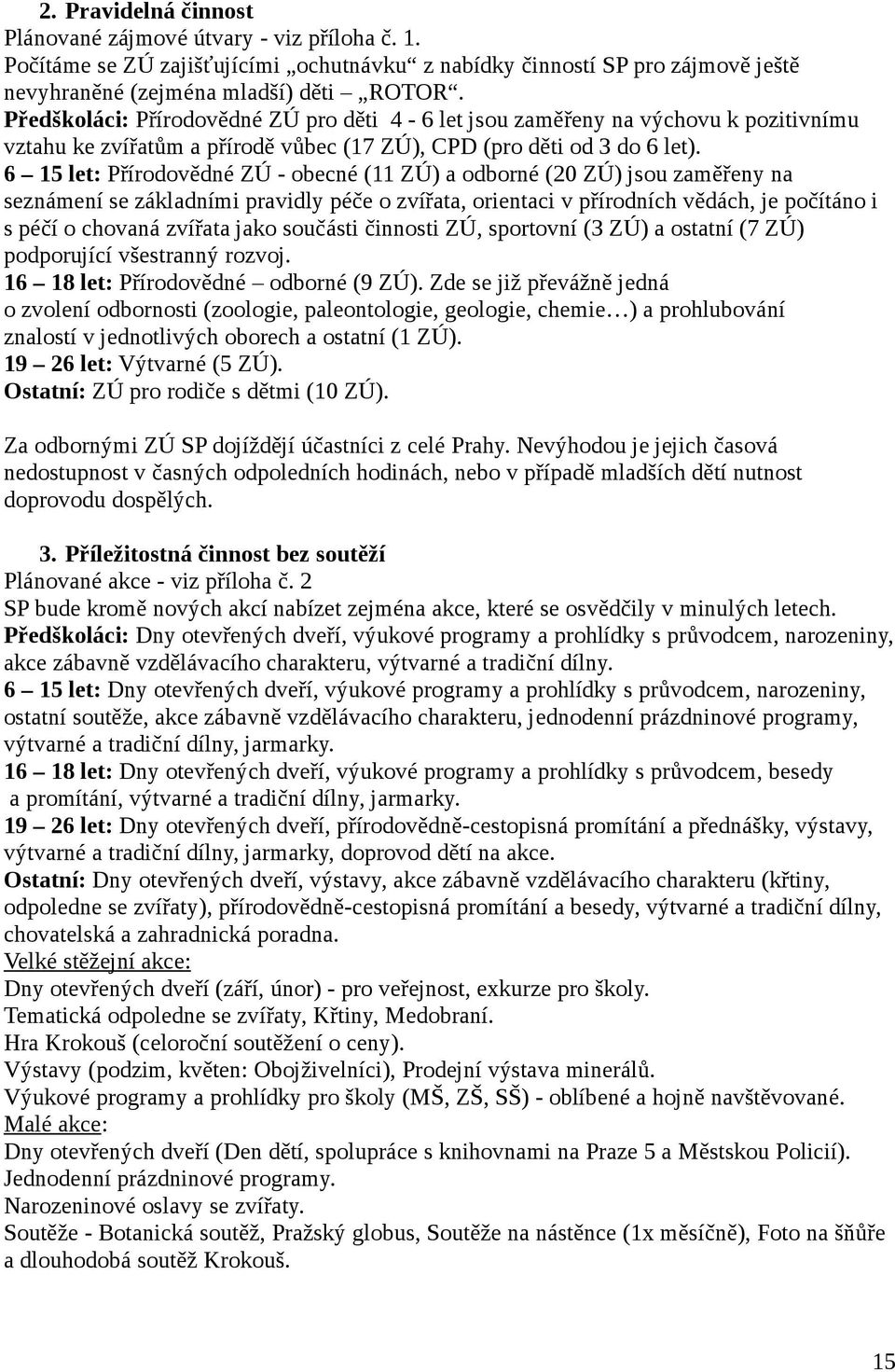 6 15 let: Přírodovědné ZÚ - obecné (11 ZÚ) a odborné (20 ZÚ) jsou zaměřeny na seznámení se základními pravidly péče o zvířata, orientaci v přírodních vědách, je počítáno i s péčí o chovaná zvířata