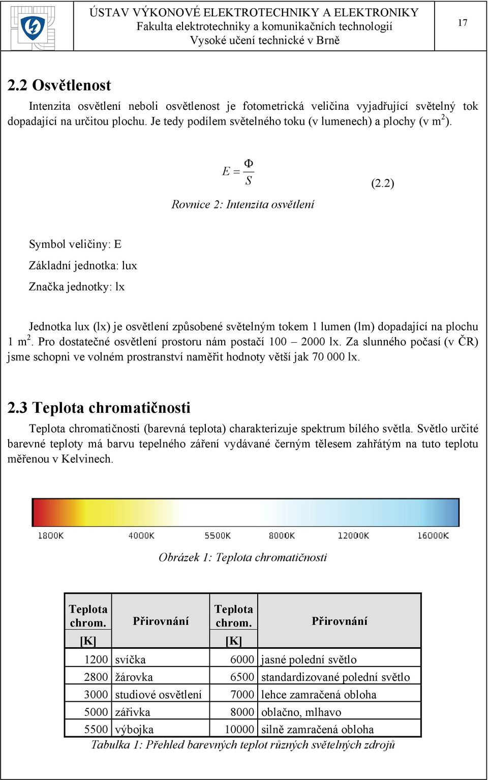 2) Rovnice 2: Intenzita osvětlení Symbol veličiny: E Základní jednotka: lux Značka jednotky: lx Jednotka lux (lx) je osvětlení způsobené světelným tokem 1 lumen (lm) dopadající na plochu 1 m 2.